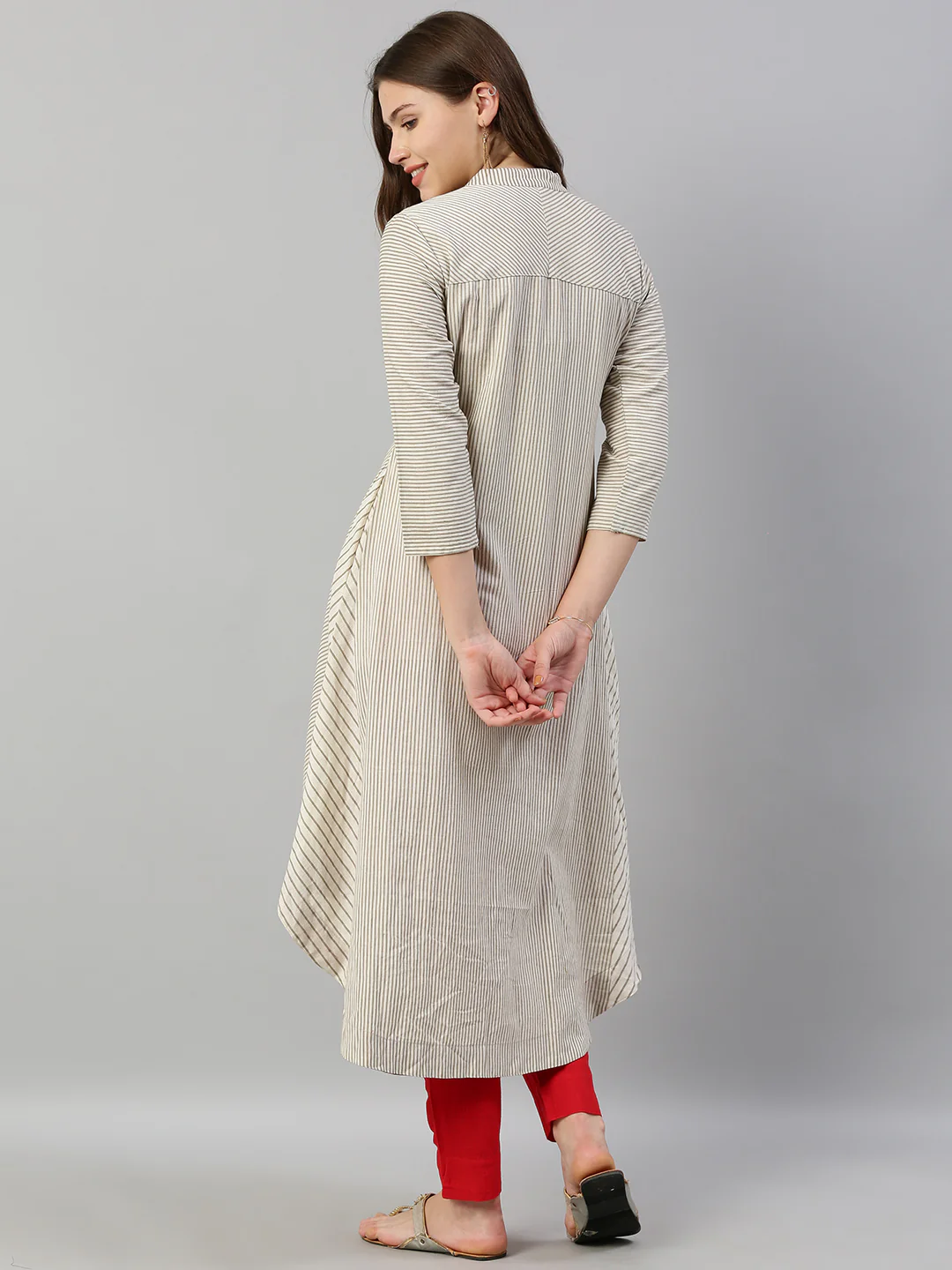 Neerus Women Off-White Grey Striped A-Line Kurta With Tassels - Image 4
