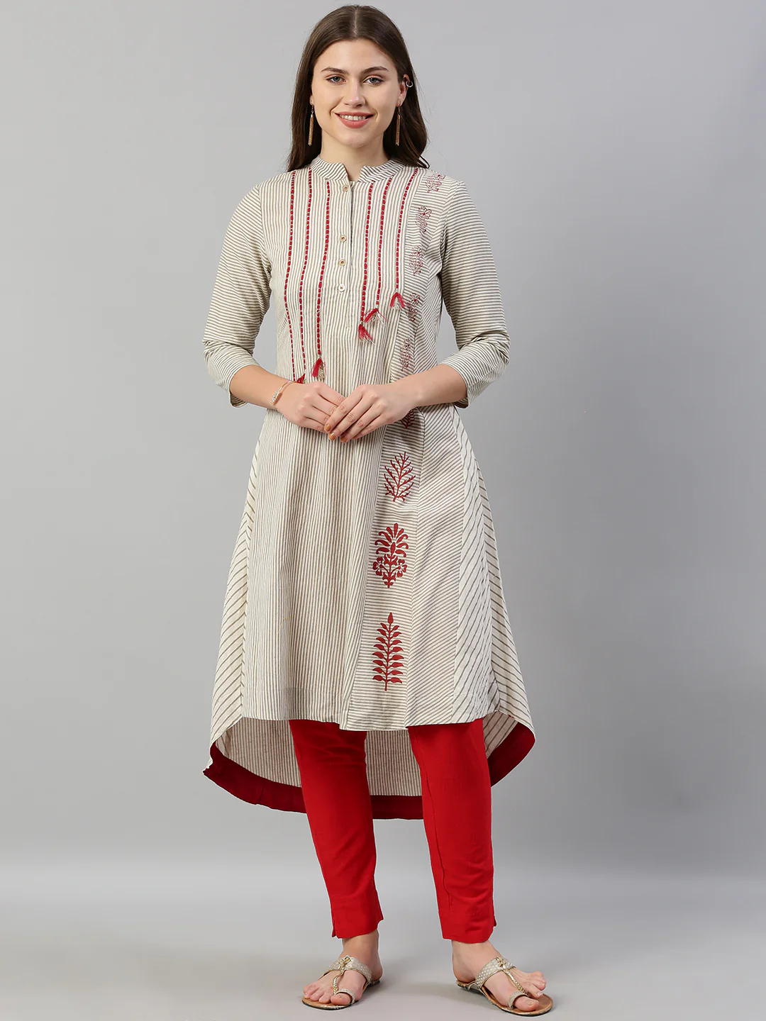 Neerus Women Off-White Grey Striped A-Line Kurta With Tassels - Image 5
