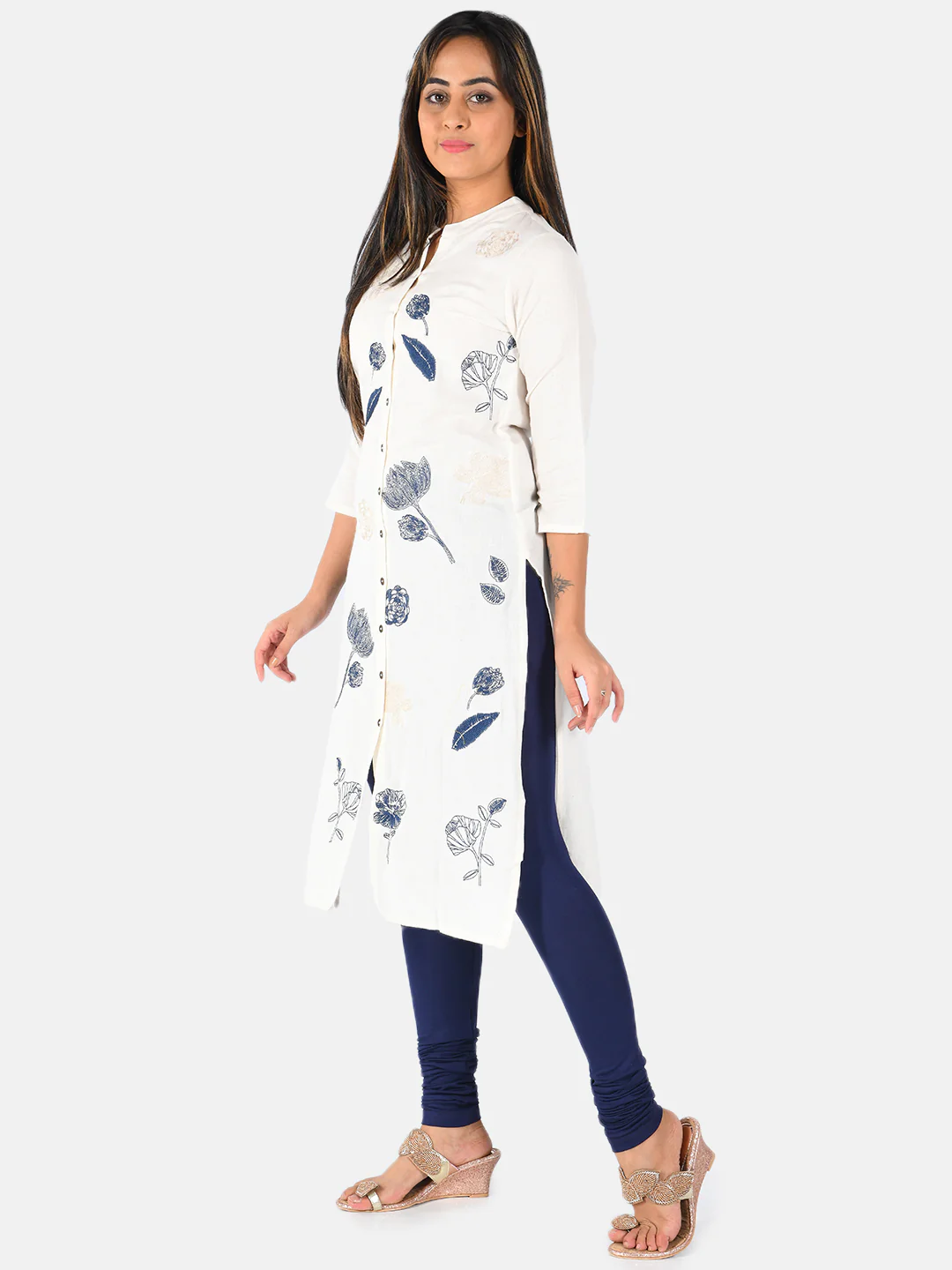 Neerus Women Off-White  Navy Blue Embroidered Straight Kurta - Image 2
