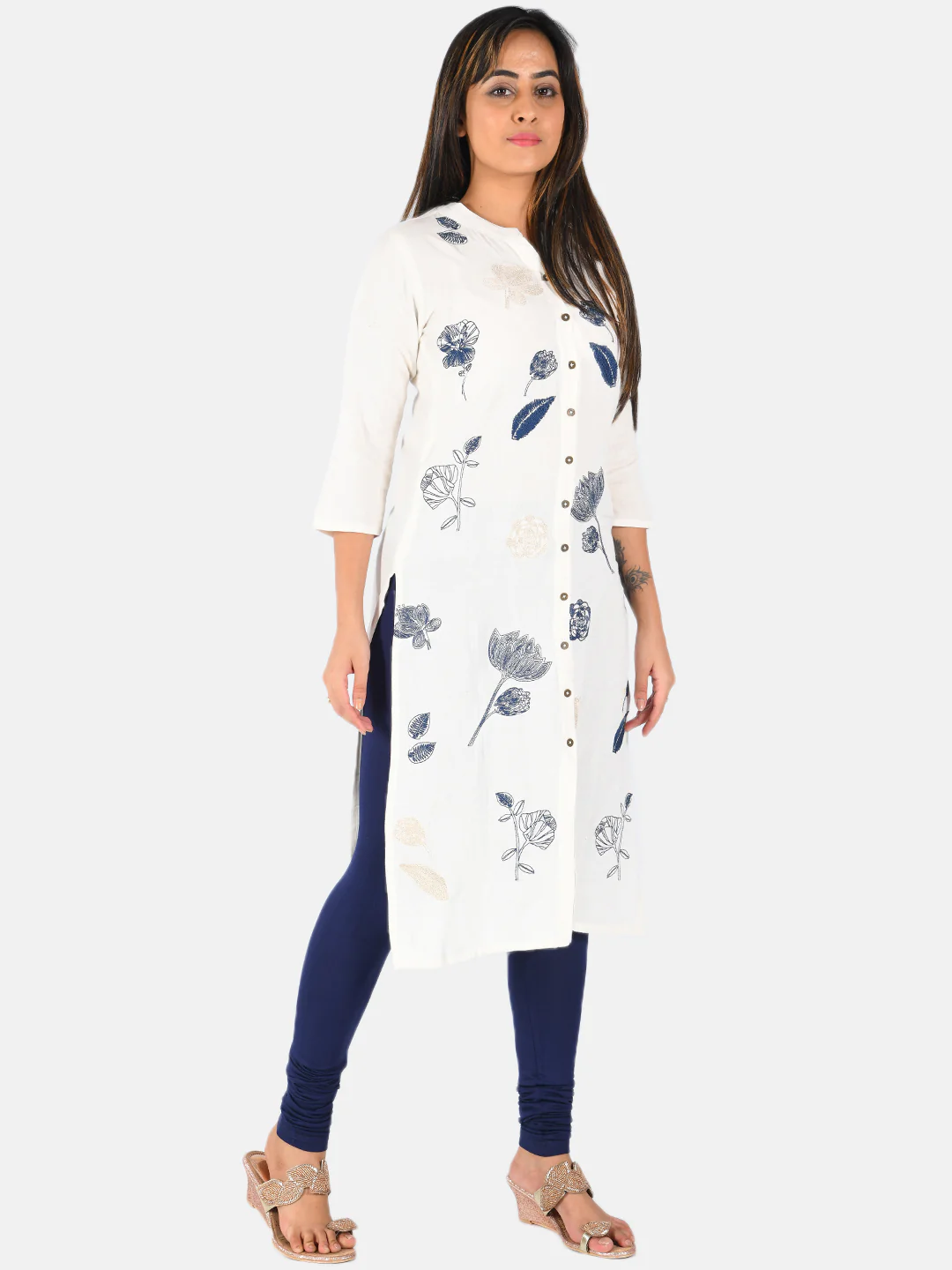Neerus Women Off-White  Navy Blue Embroidered Straight Kurta - Image 3
