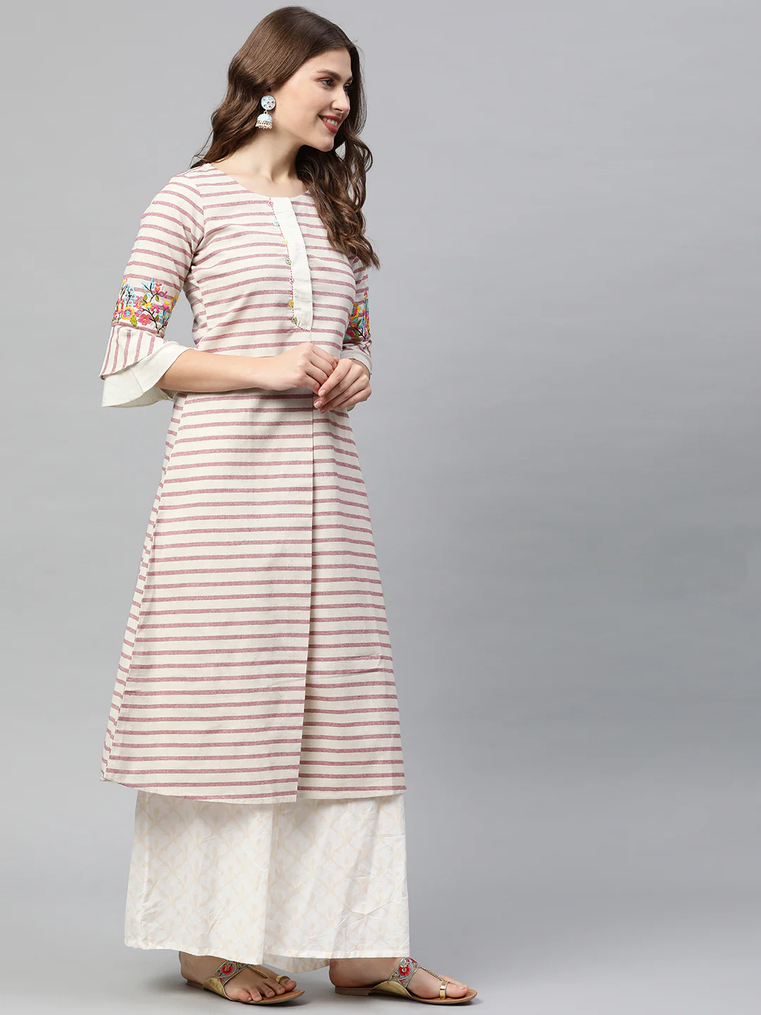 Neerus Women Off-White Pink Striped A-Line Kurta - Image 3