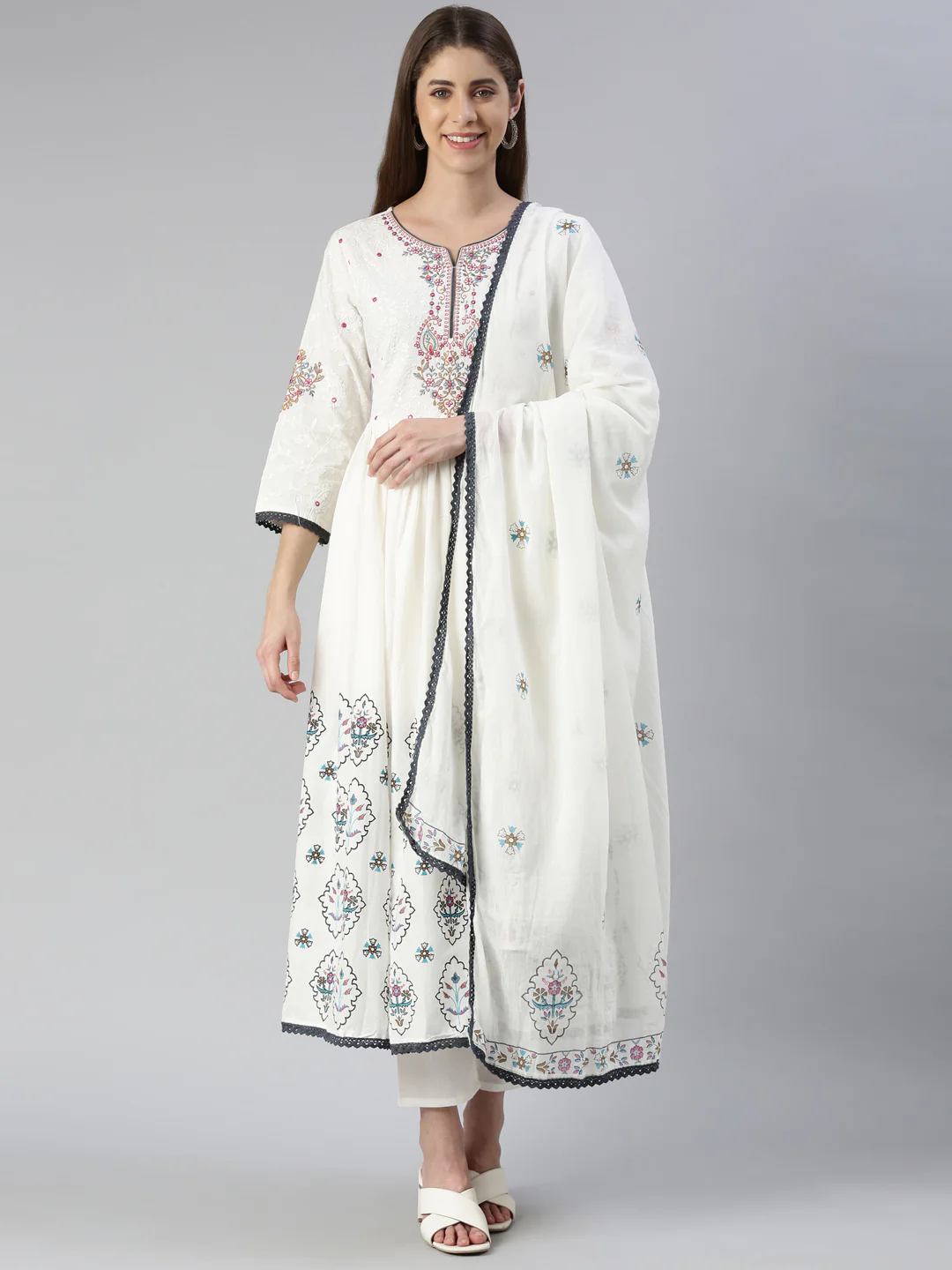 Neerus Women Off White Yoke Design Calf Length Kurta And Trousers With Dupatta