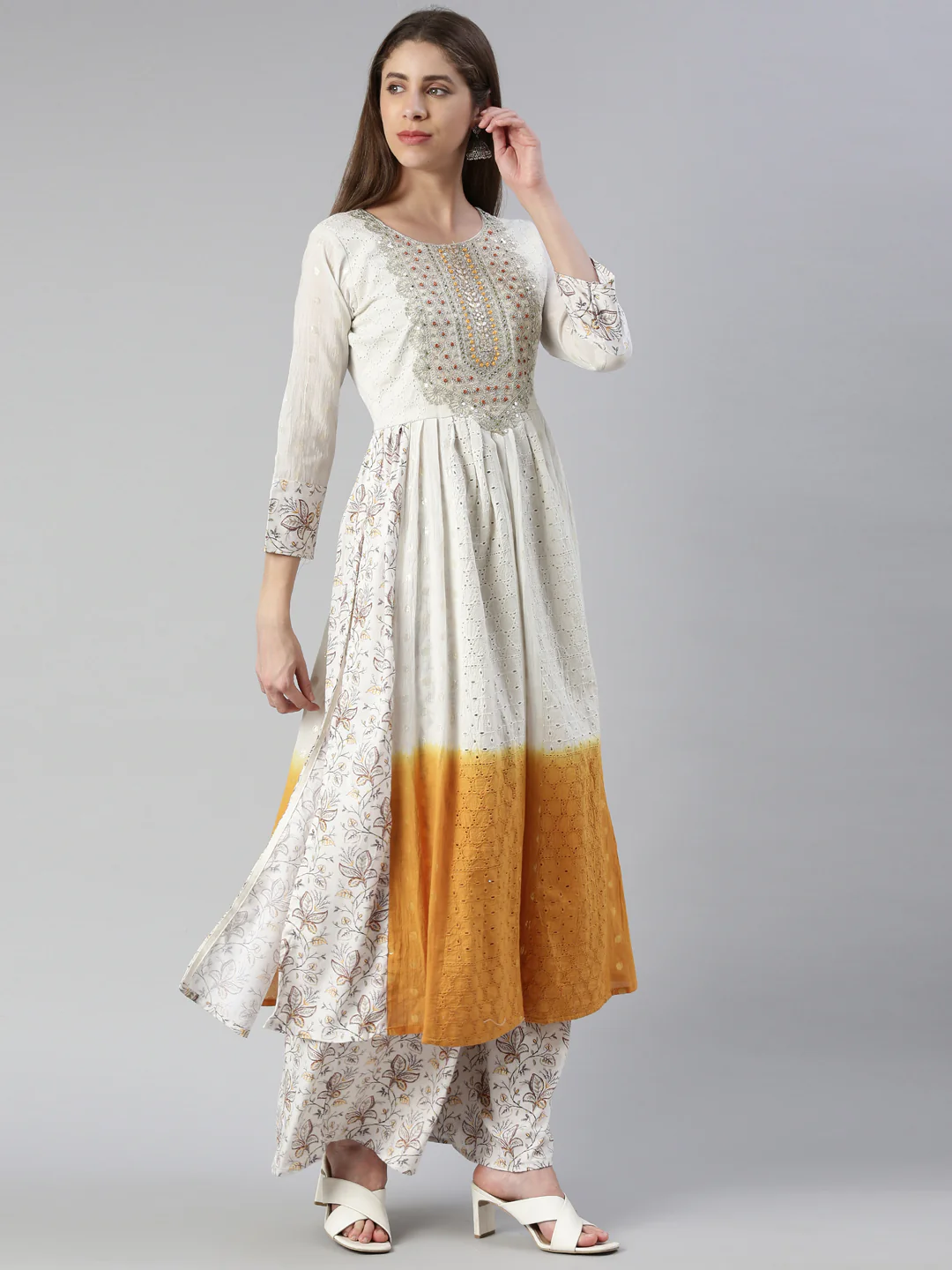 Neerus Women Off White Yoke Design Knee Length Kurta And Palazzos With Dupatta - Image 2