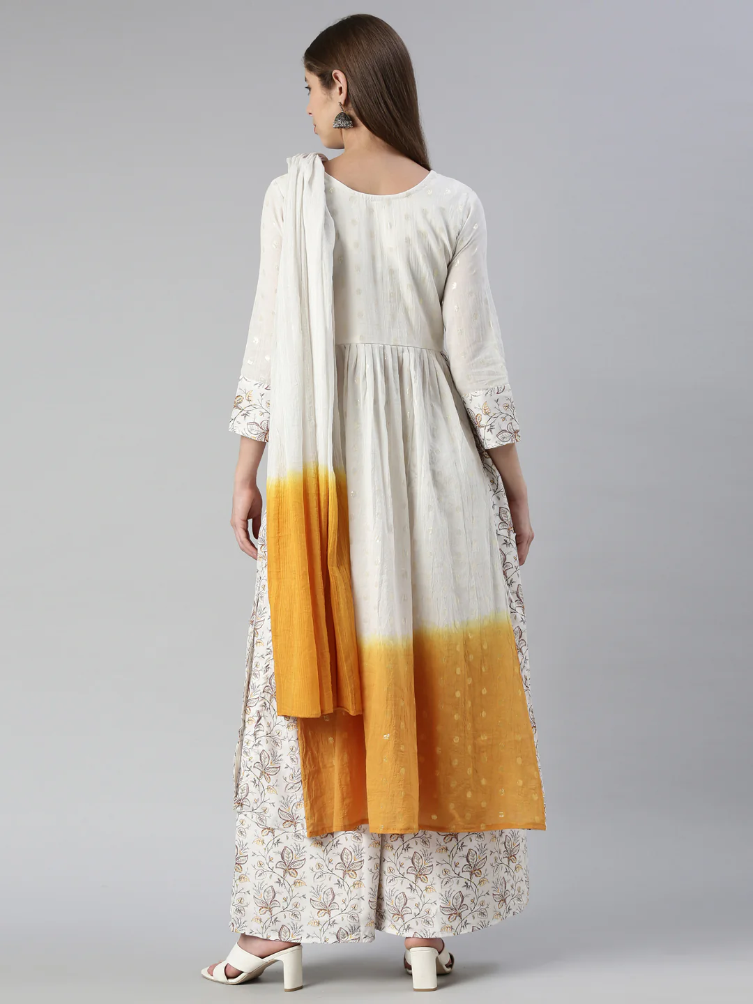 Neerus Women Off White Yoke Design Knee Length Kurta And Palazzos With Dupatta - Image 3