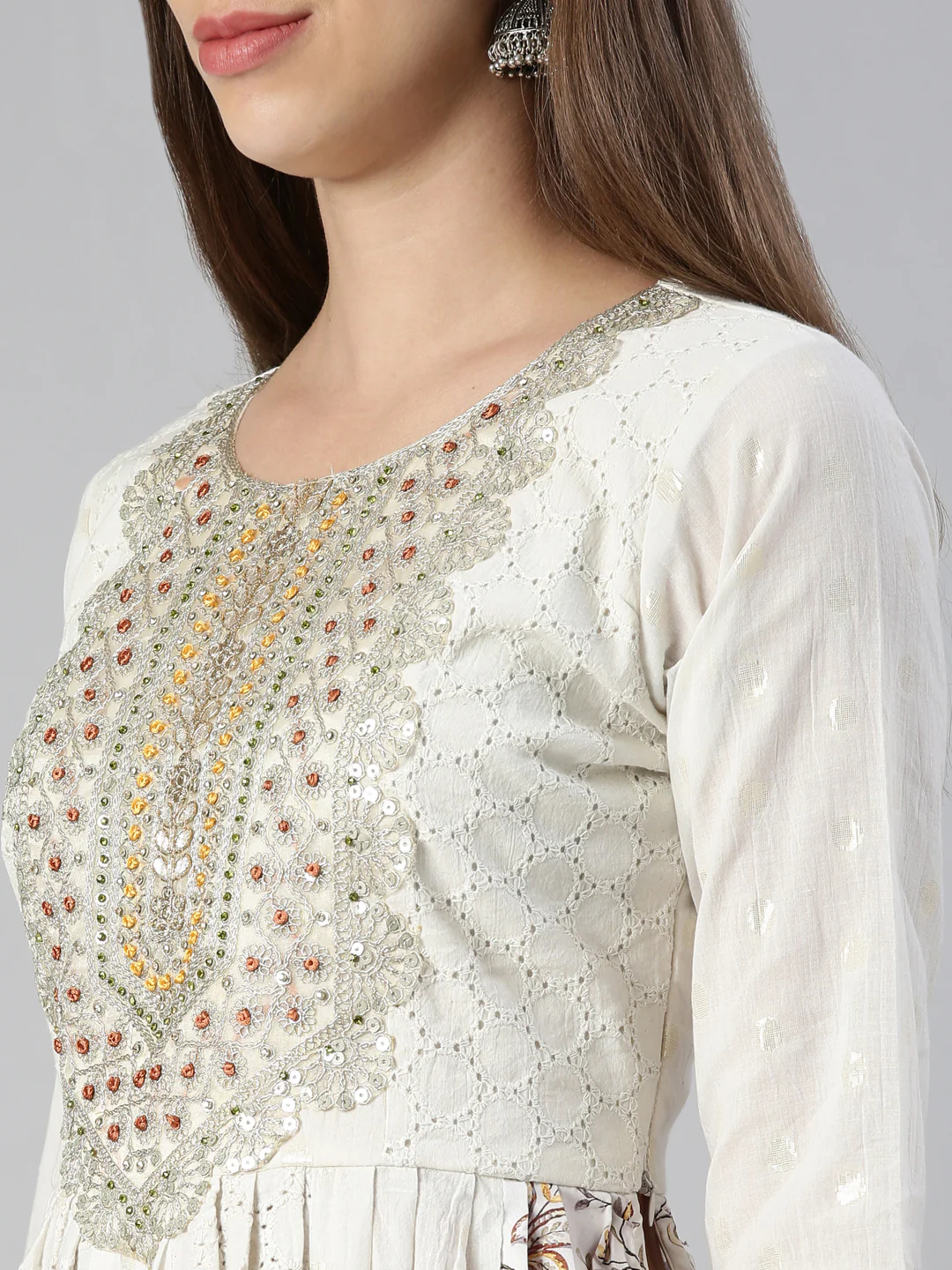 Neerus Women Off White Yoke Design Knee Length Kurta And Palazzos With Dupatta - Image 4