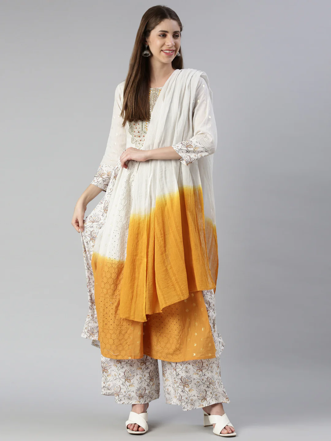 Neerus Women Off White Yoke Design Knee Length Kurta And Palazzos With Dupatta - Image 5