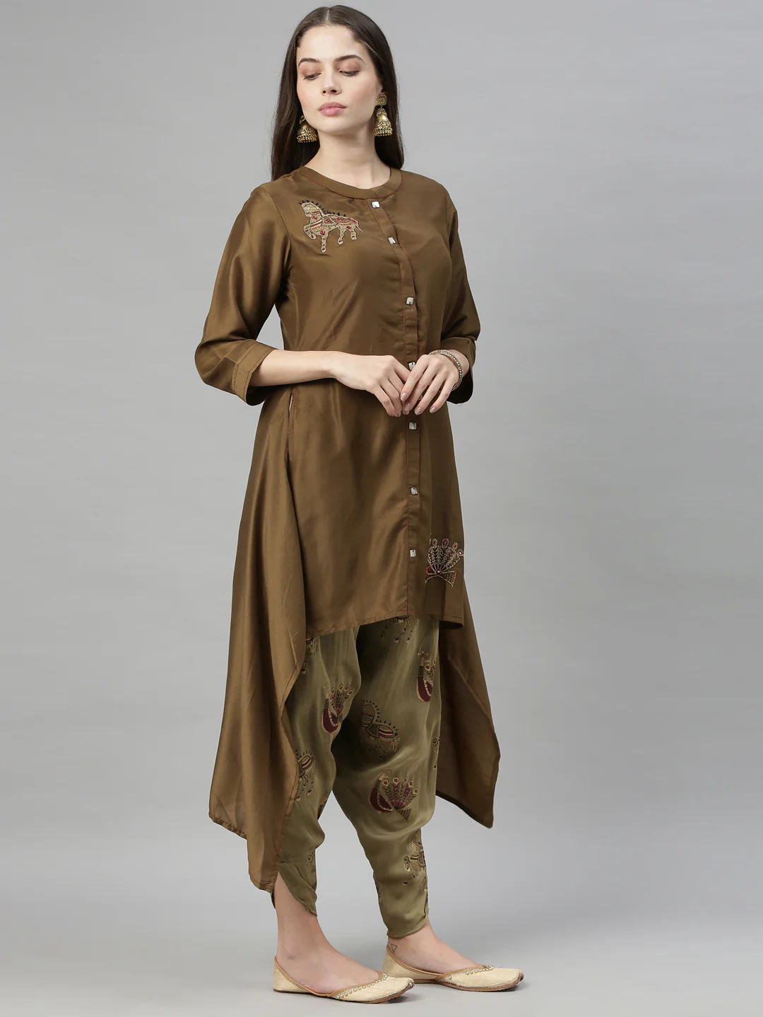 Neerus Women Olive Green Embroidered Kurta with Dhoti Pants - Image 2