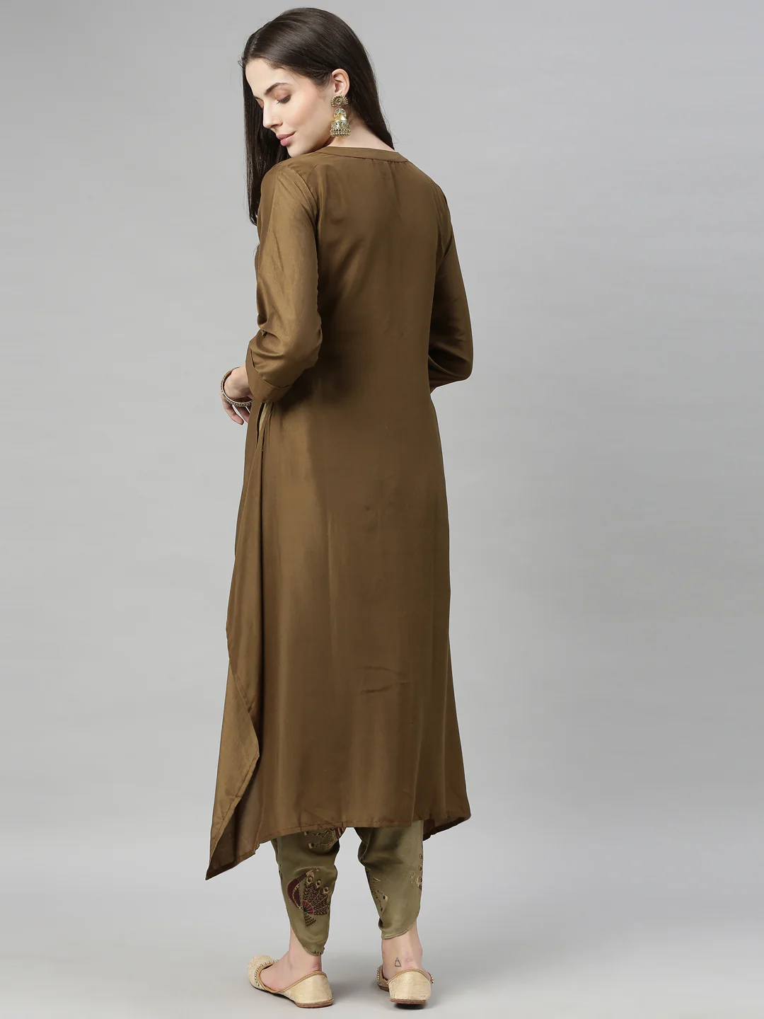 Neerus Women Olive Green Embroidered Kurta with Dhoti Pants - Image 3