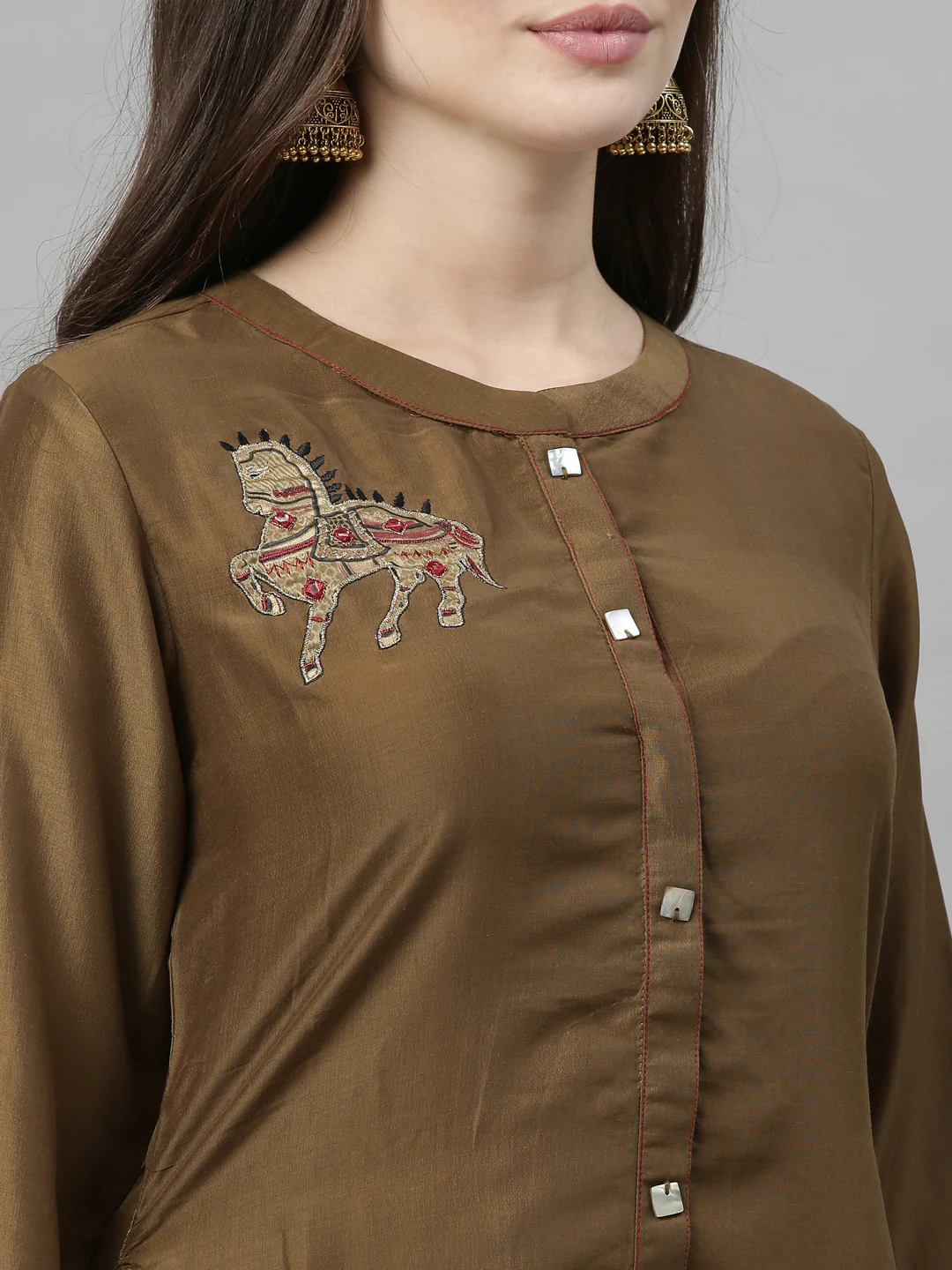 Neerus Women Olive Green Embroidered Kurta with Dhoti Pants - Image 4