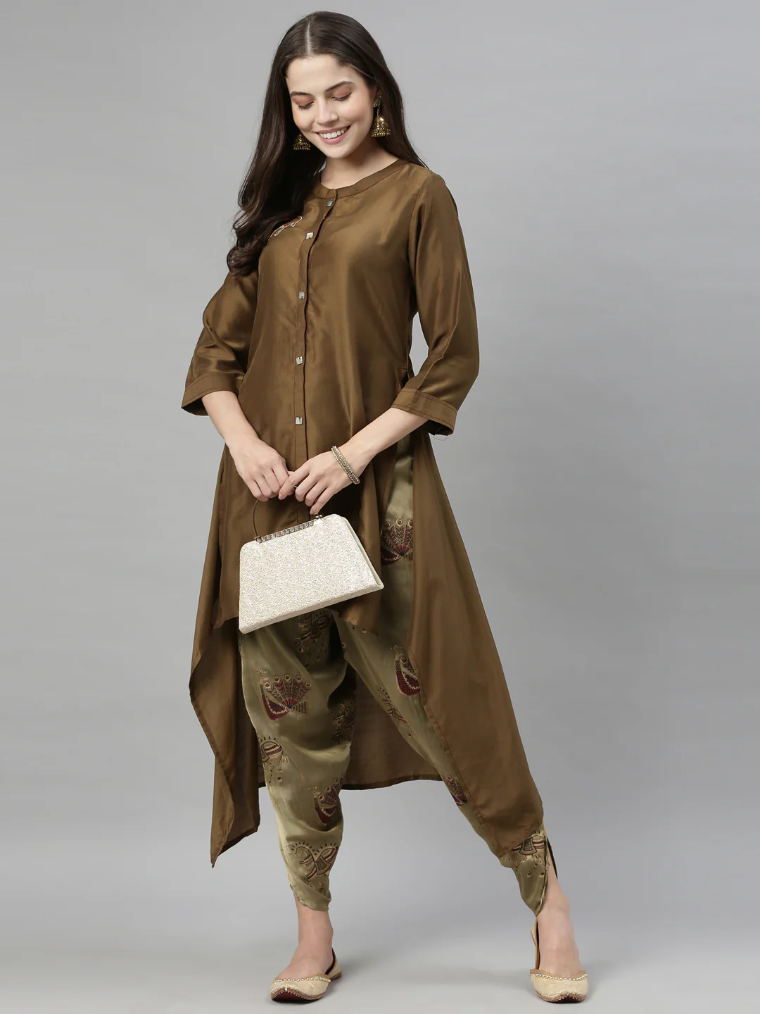 Neerus Women Olive Green Embroidered Kurta with Dhoti Pants - Image 5