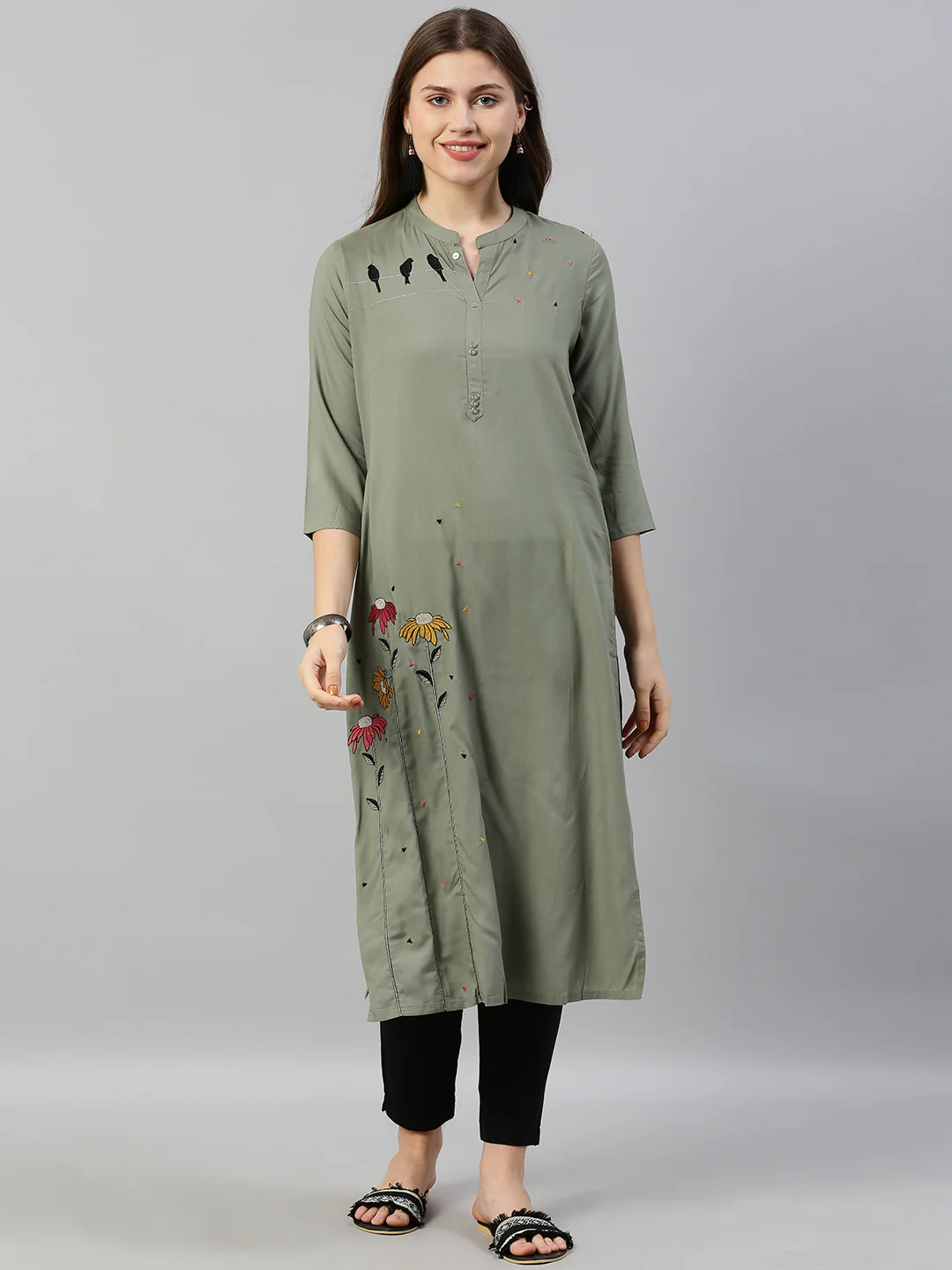 Neerus Women Olive Green Embroidered Straight Kurta