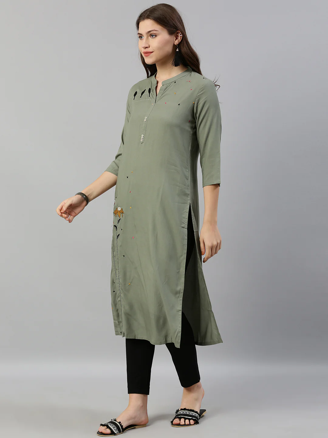 Neerus Women Olive Green Embroidered Straight Kurta - Image 4