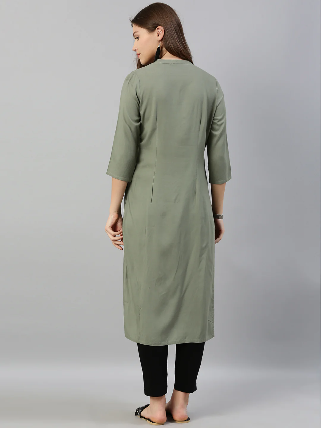 Neerus Women Olive Green Embroidered Straight Kurta - Image 5