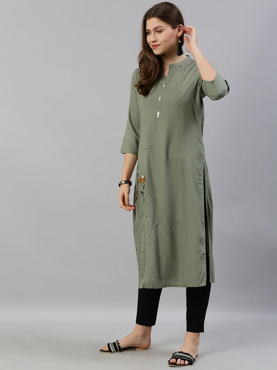 Neerus Women Olive Green Embroidered Straight Kurta - Image 6