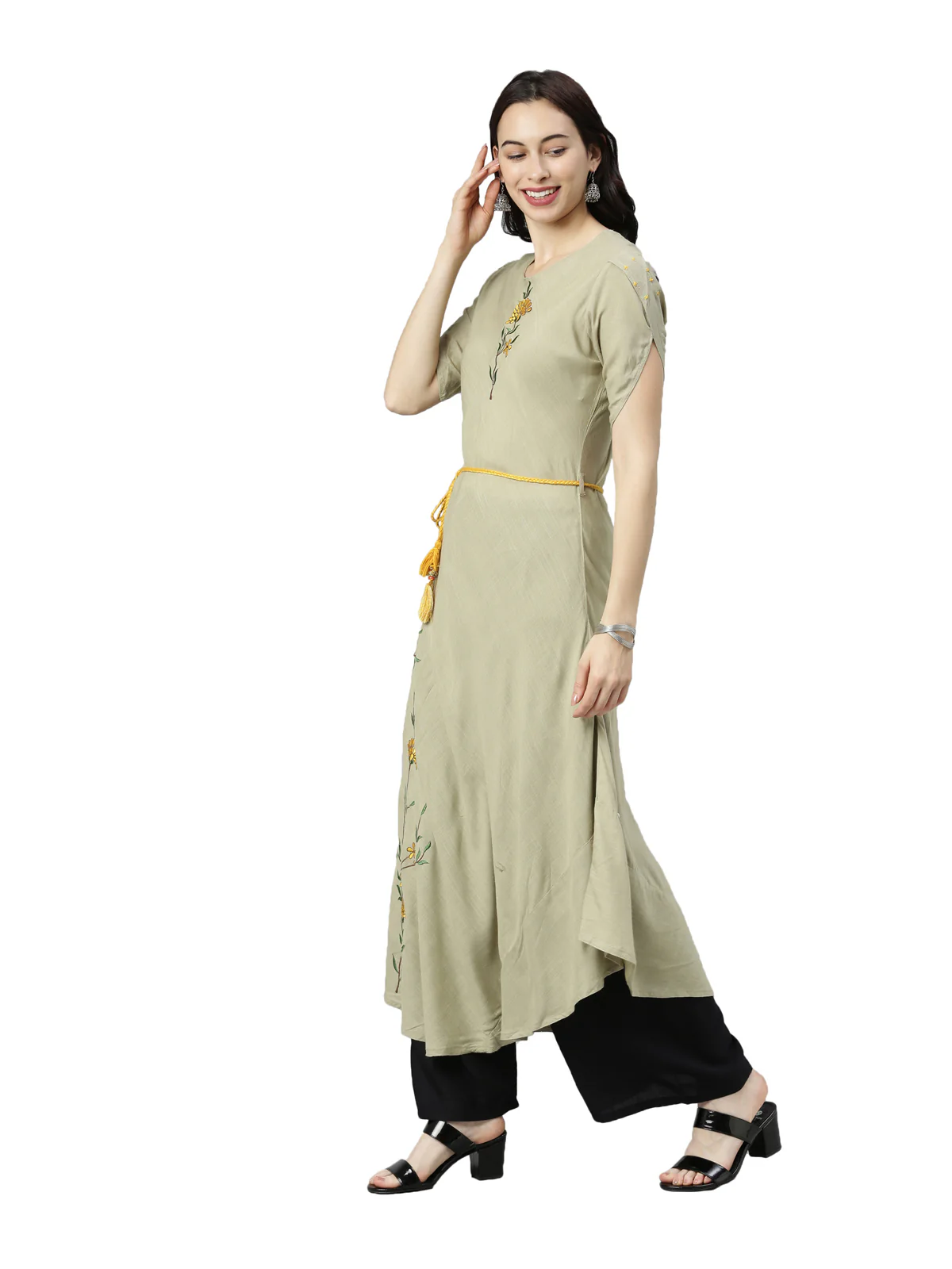 Neerus Women Olive Green Embroidered Thread Work Kurta - Image 2