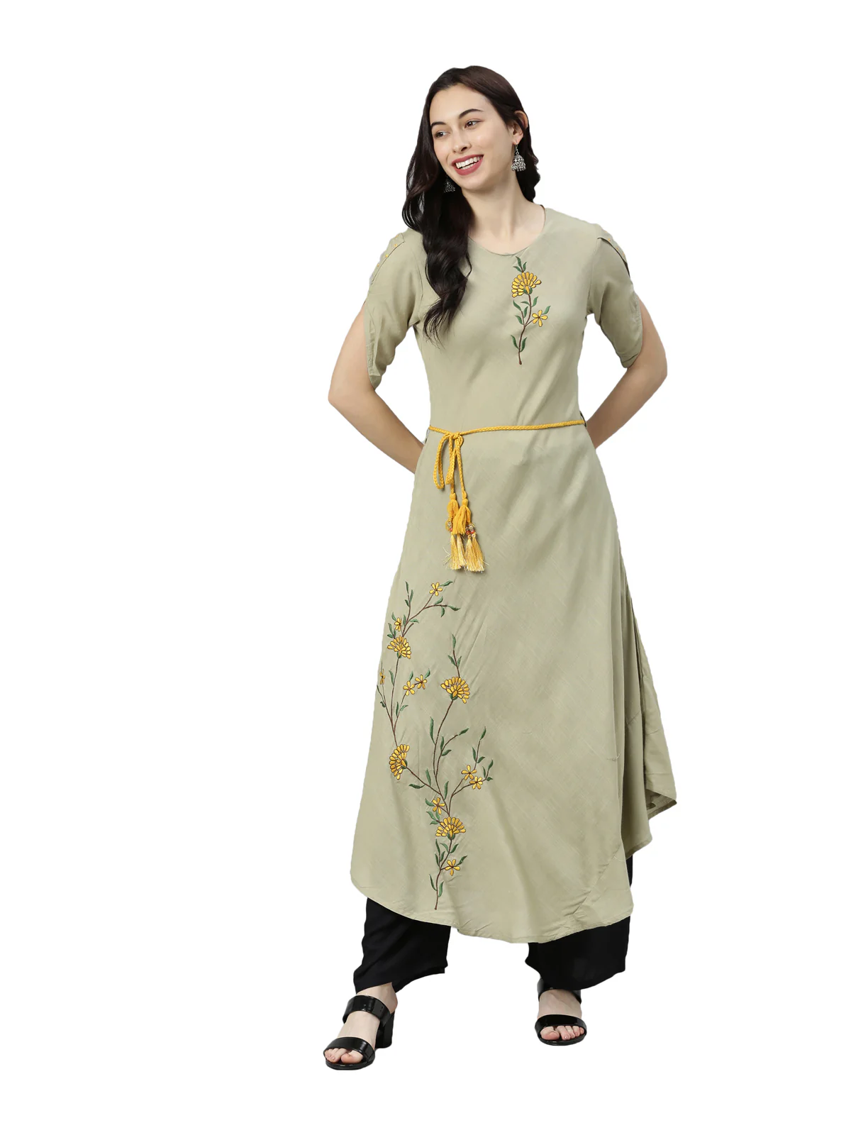 Neerus Women Olive Green Embroidered Thread Work Kurta - Image 6