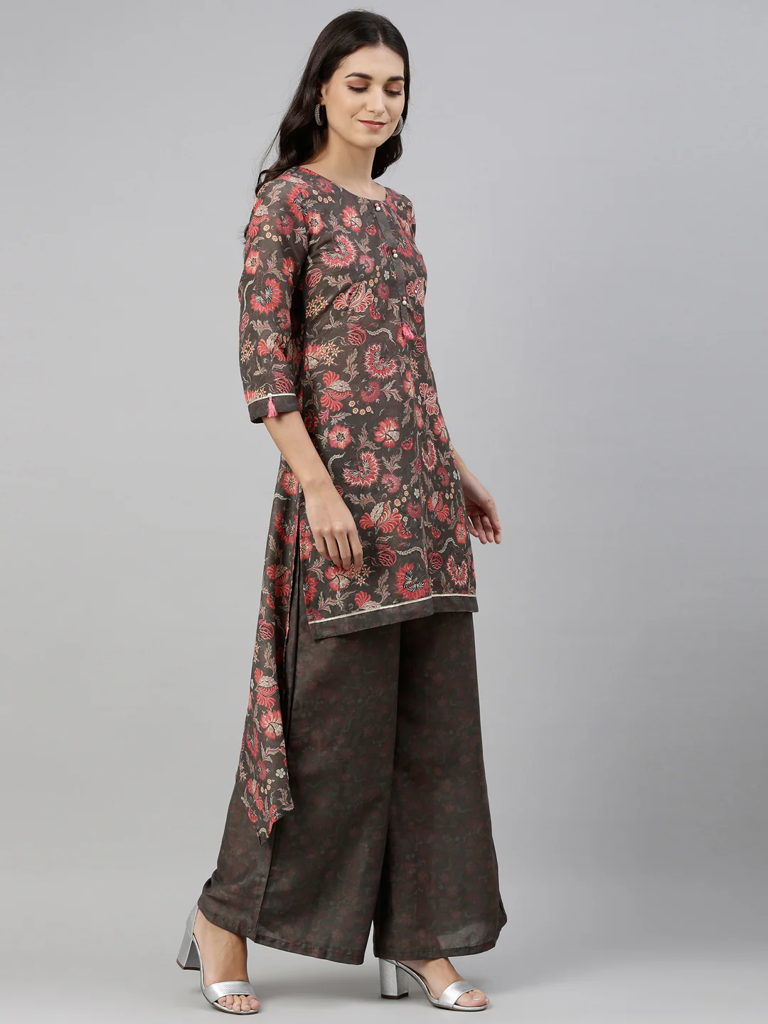 Neerus Women Olive Green Floral Printed Kurta with Sharara - Image 3