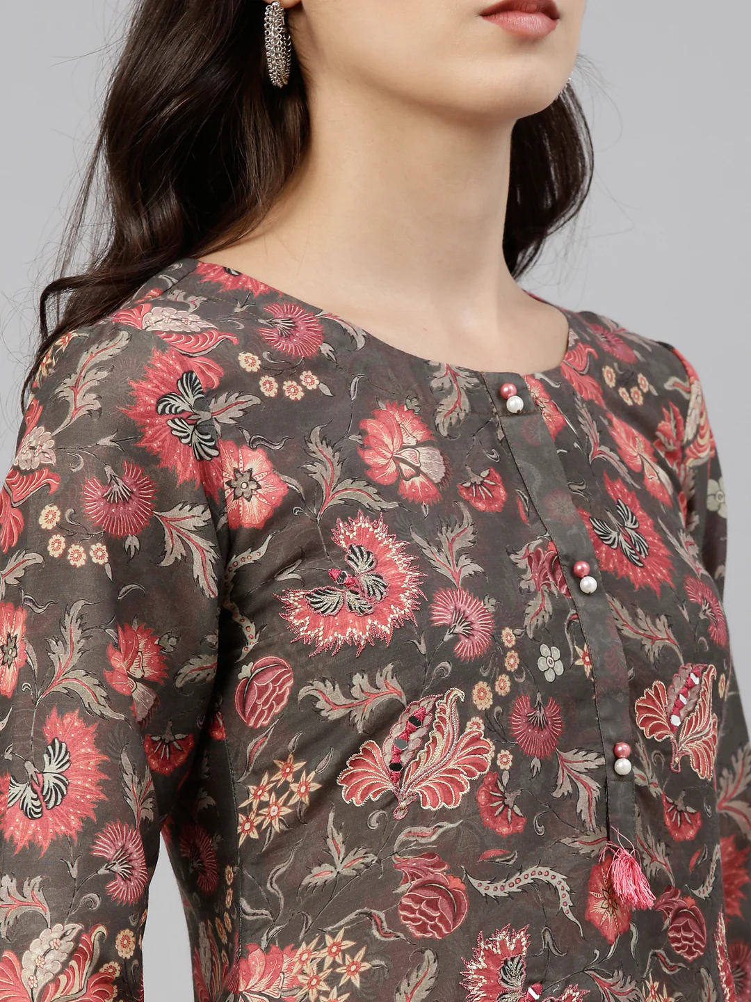 Neerus Women Olive Green Floral Printed Kurta with Sharara - Image 5