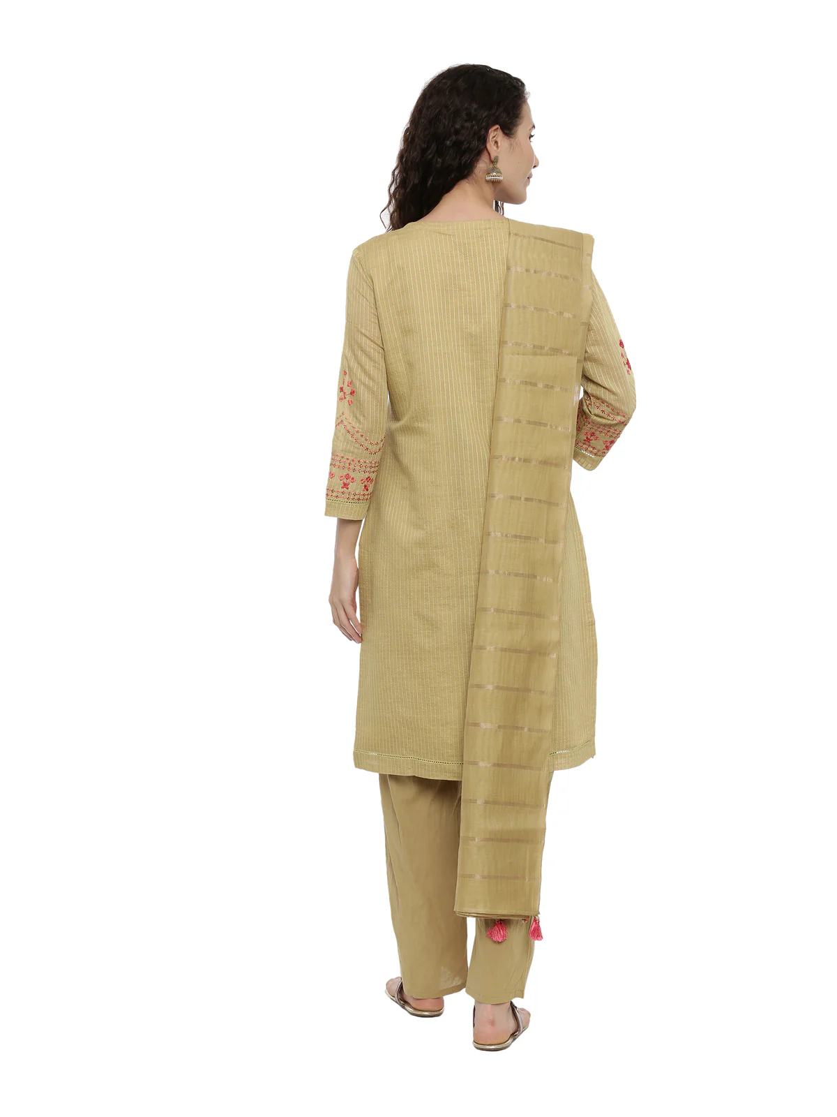 Neerus Women Olive Green Pink Embroidered Kurta with Trousers Dupatta - Image 3