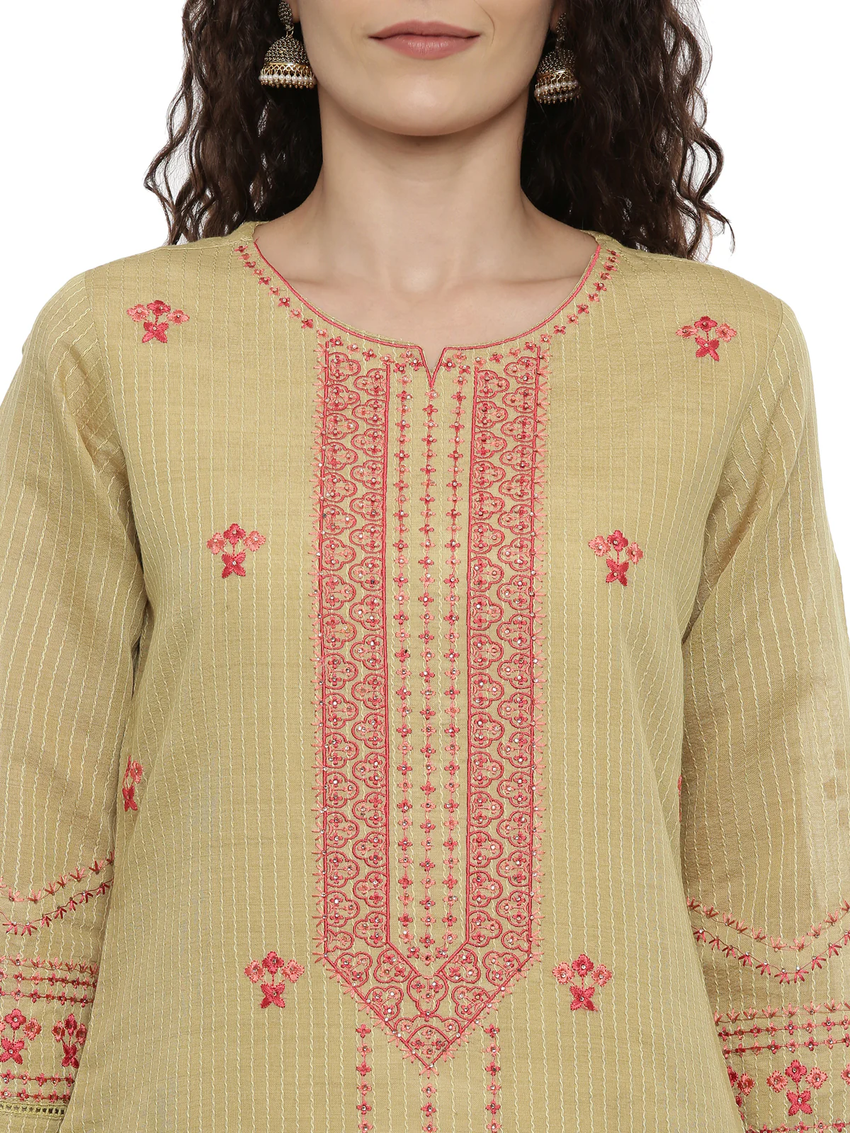 Neerus Women Olive Green Pink Embroidered Kurta with Trousers Dupatta - Image 4