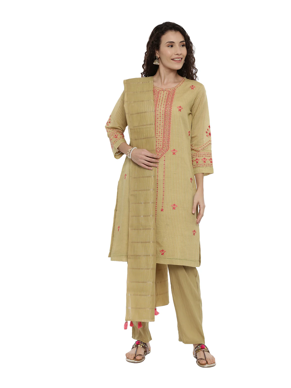 Neerus Women Olive Green Pink Embroidered Kurta with Trousers Dupatta - Image 5