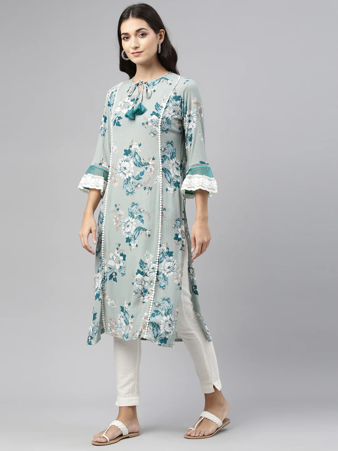 Neerus Women Olive Green White Floral Printed Kurta - Image 2