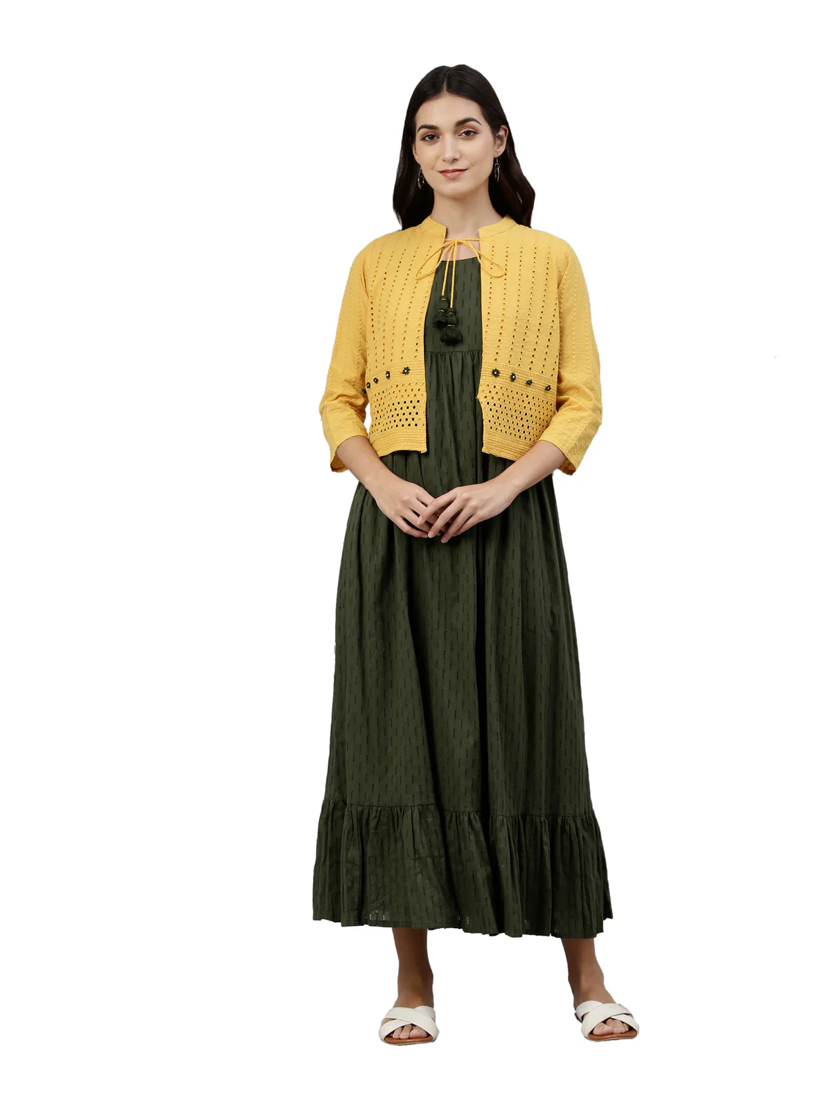 Neerus Women Olive Green Yellow Self Design Anarkali Kurta With Overcoat
