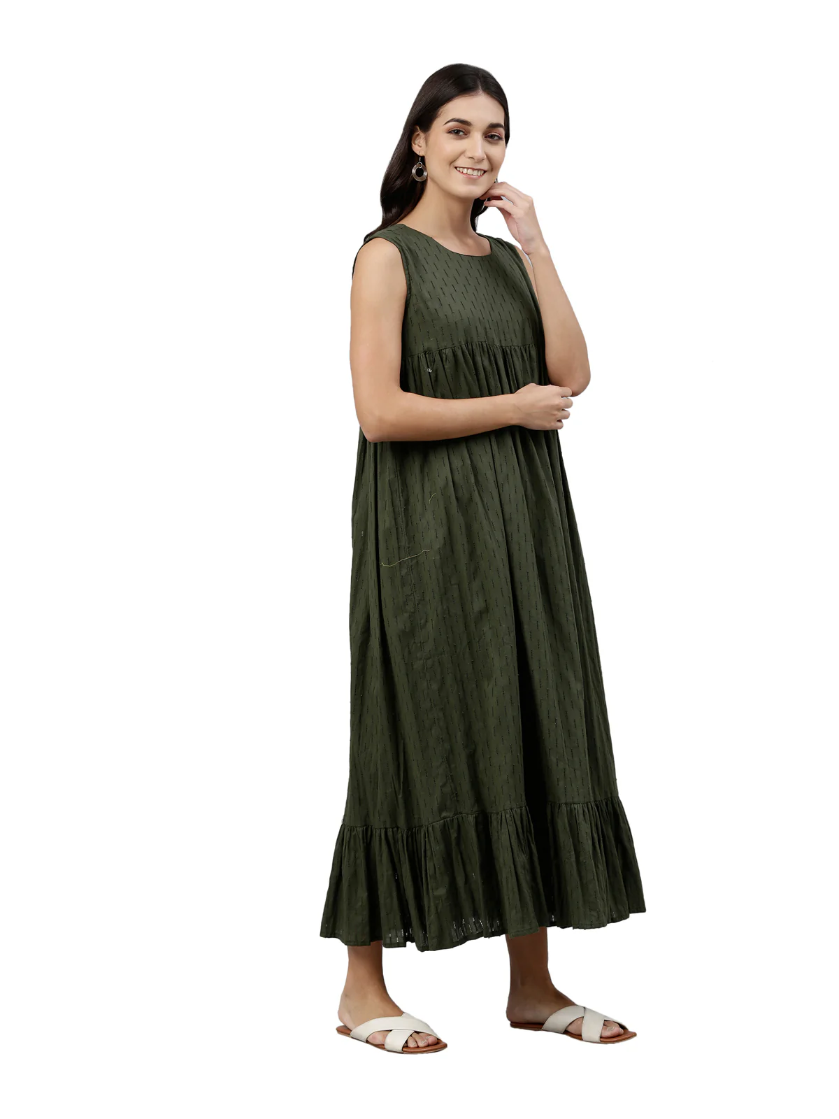 Neerus Women Olive Green Yellow Self Design Anarkali Kurta With Overcoat - Image 2