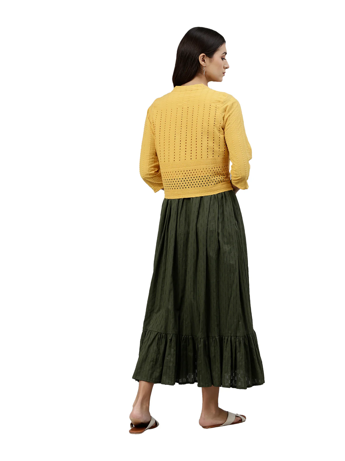 Neerus Women Olive Green Yellow Self Design Anarkali Kurta With Overcoat - Image 3