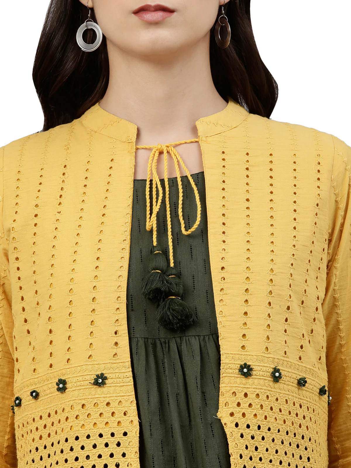 Neerus Women Olive Green Yellow Self Design Anarkali Kurta With Overcoat - Image 4