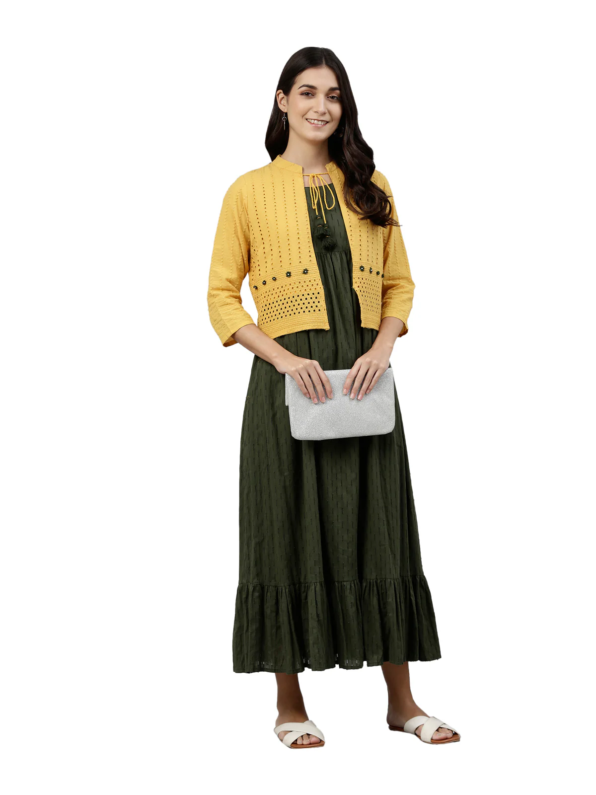 Neerus Women Olive Green Yellow Self Design Anarkali Kurta With Overcoat - Image 5