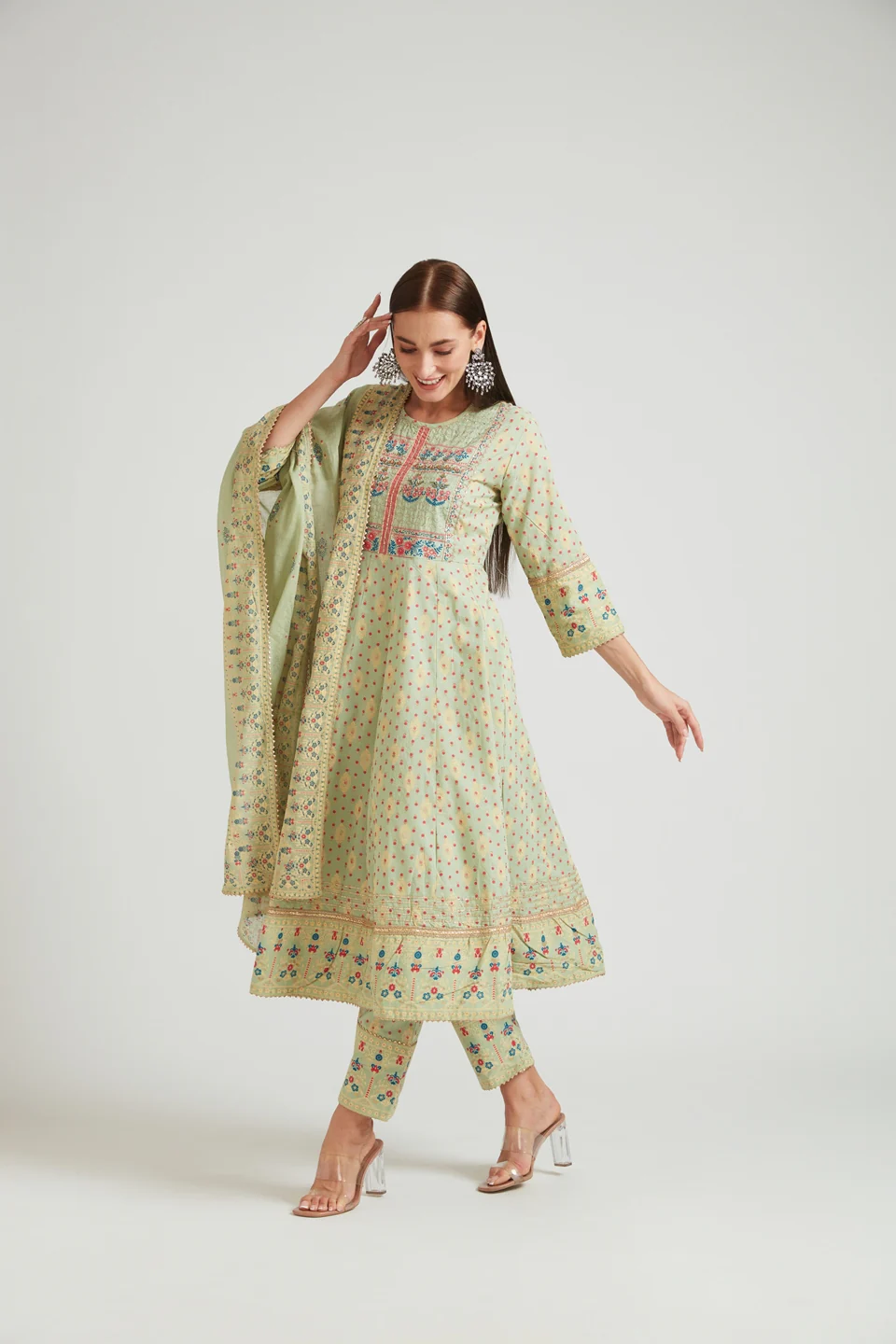 Neerus Women Olive Green Yoke Design Panelled Kurta with Trousers With Dupatta