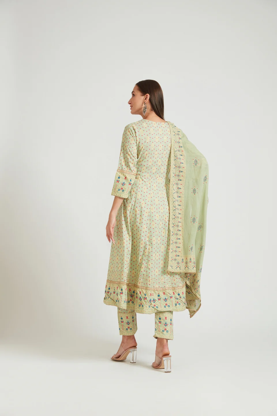 Neerus Women Olive Green Yoke Design Panelled Kurta with Trousers With Dupatta - Image 4