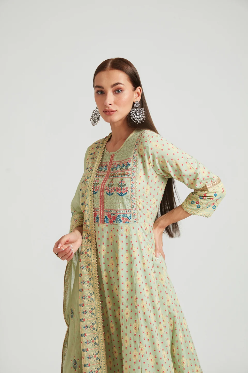Neerus Women Olive Green Yoke Design Panelled Kurta with Trousers With Dupatta - Image 5