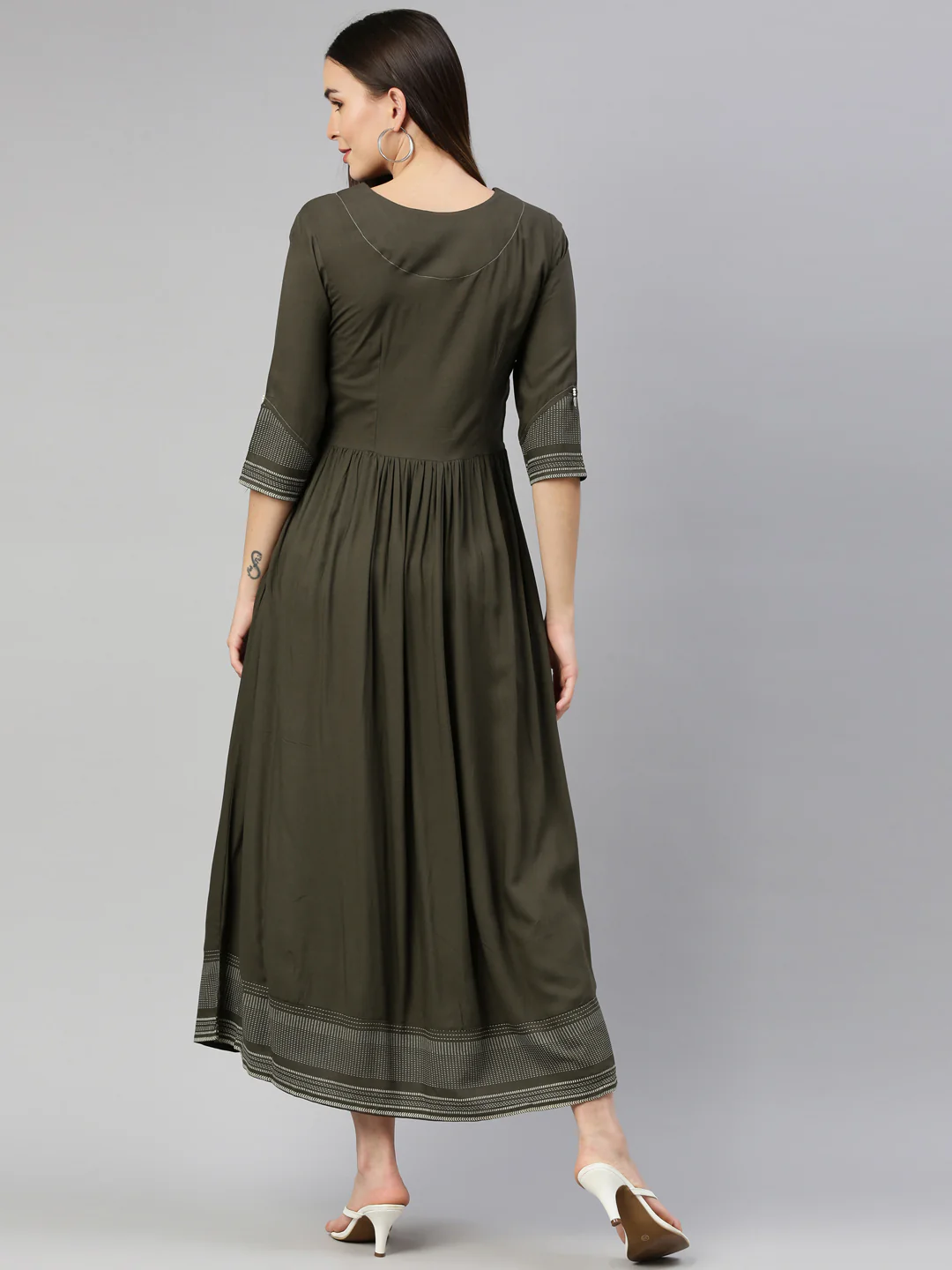 Neerus Women Olive Green Yoke Design Thread Work Anarkali Kurta - Image 3