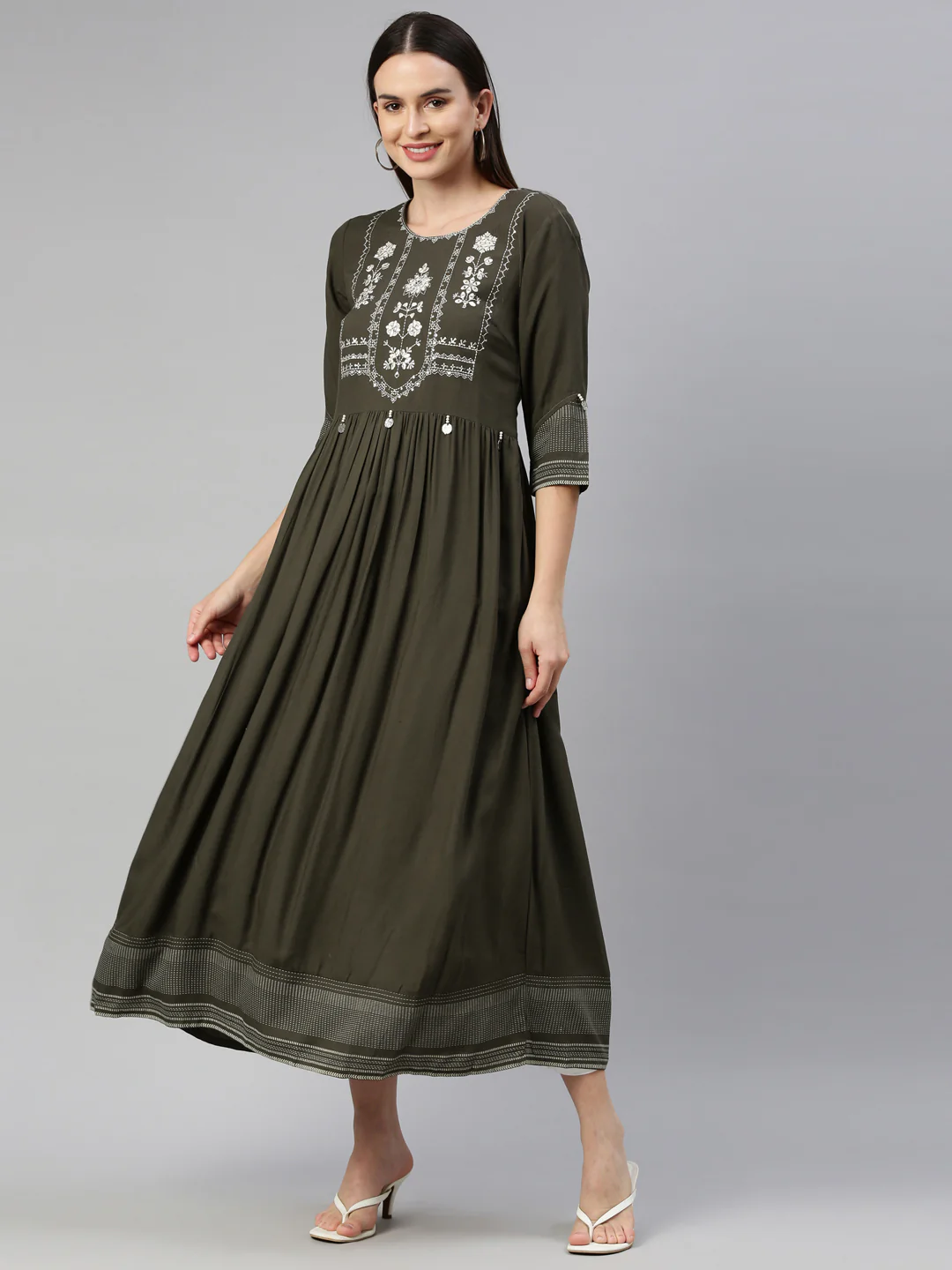 Neerus Women Olive Green Yoke Design Thread Work Anarkali Kurta - Image 5
