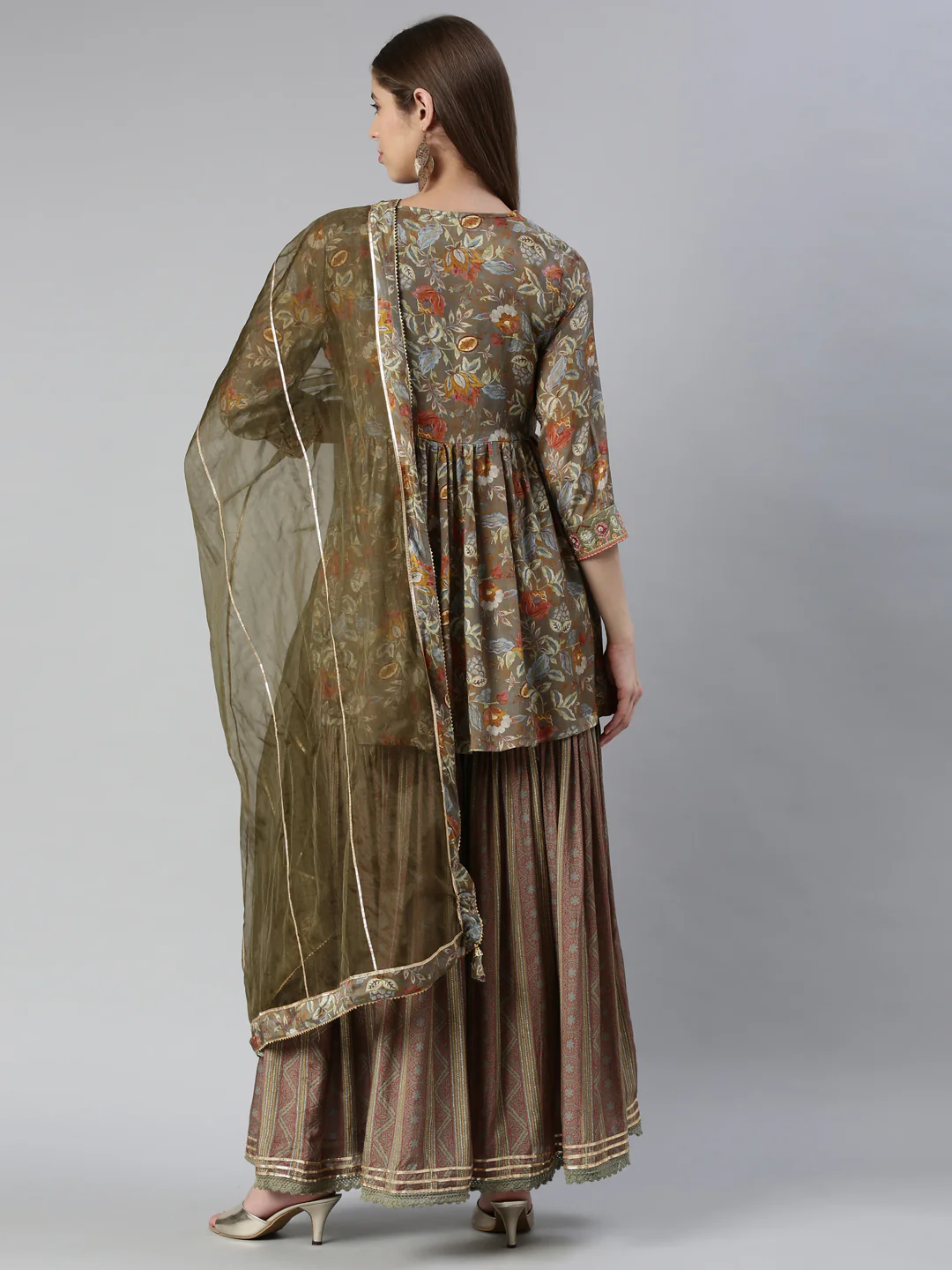 Neerus Women Olive Yoke Design Above Knee Kurta And Skirt With Dupatta - Image 3