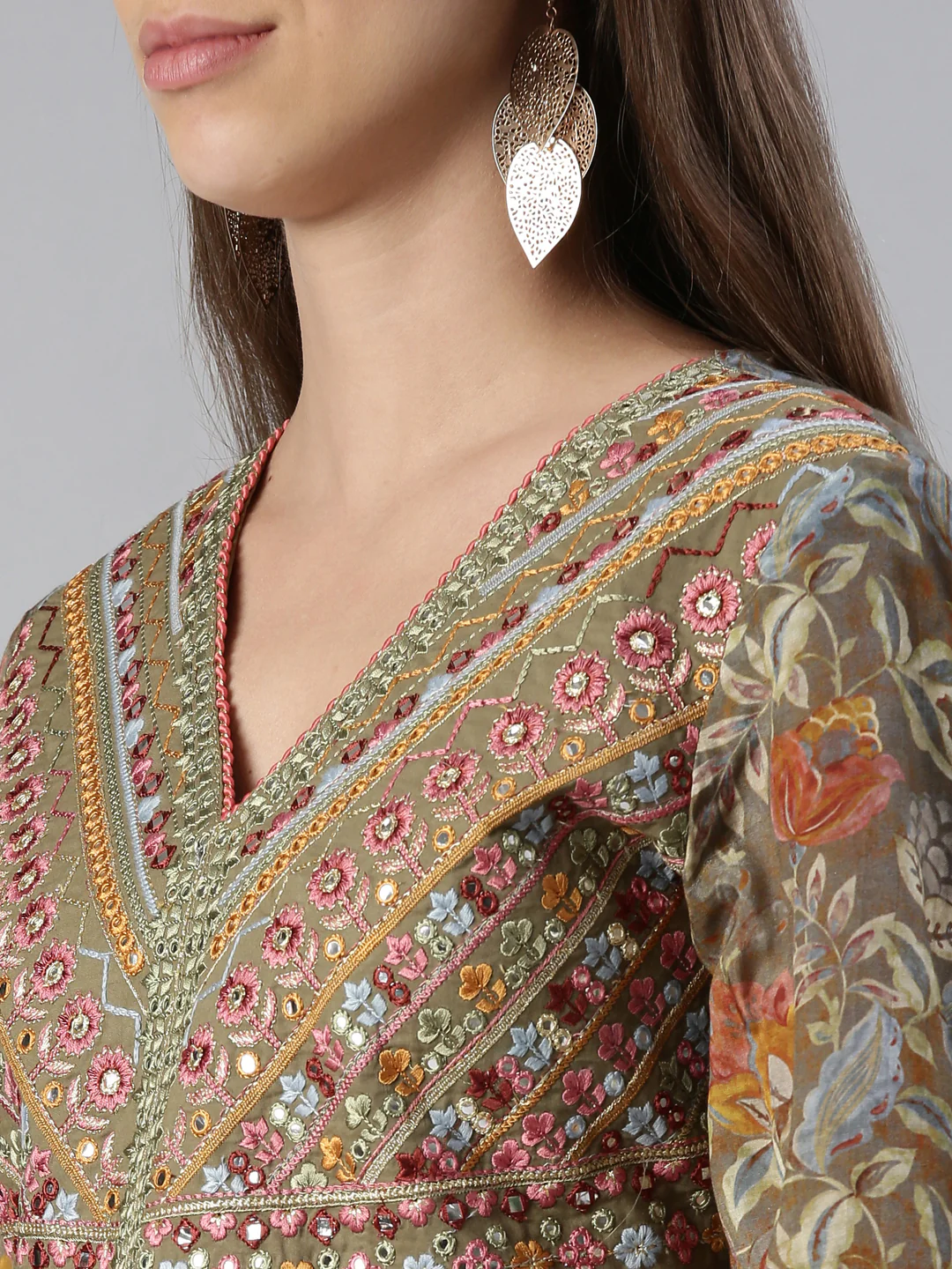 Neerus Women Olive Yoke Design Above Knee Kurta And Skirt With Dupatta - Image 4