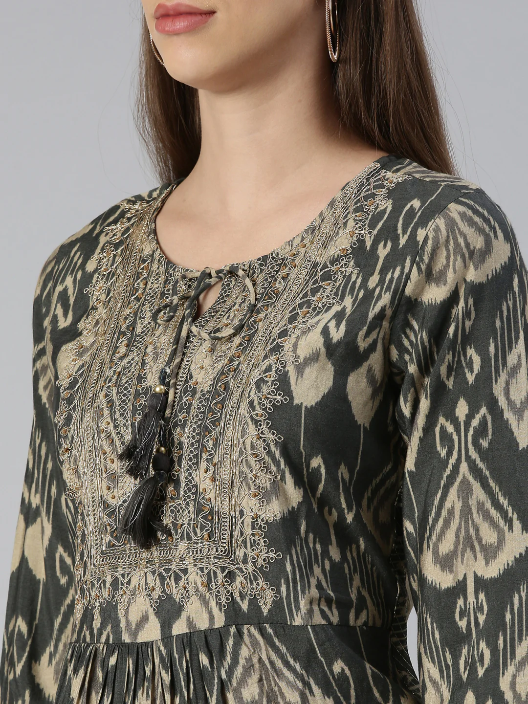 Neerus Women Olive Yoke Design Calf Length Kurta And Trousers With Dupatta - Image 4
