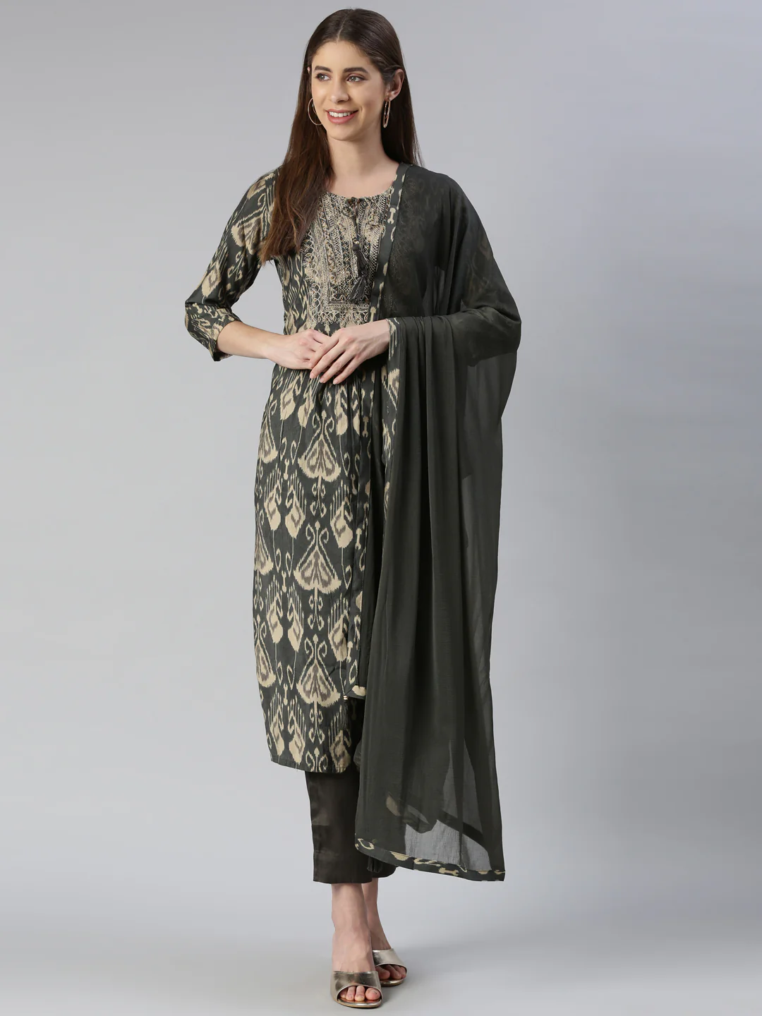 Neerus Women Olive Yoke Design Calf Length Kurta And Trousers With Dupatta - Image 5