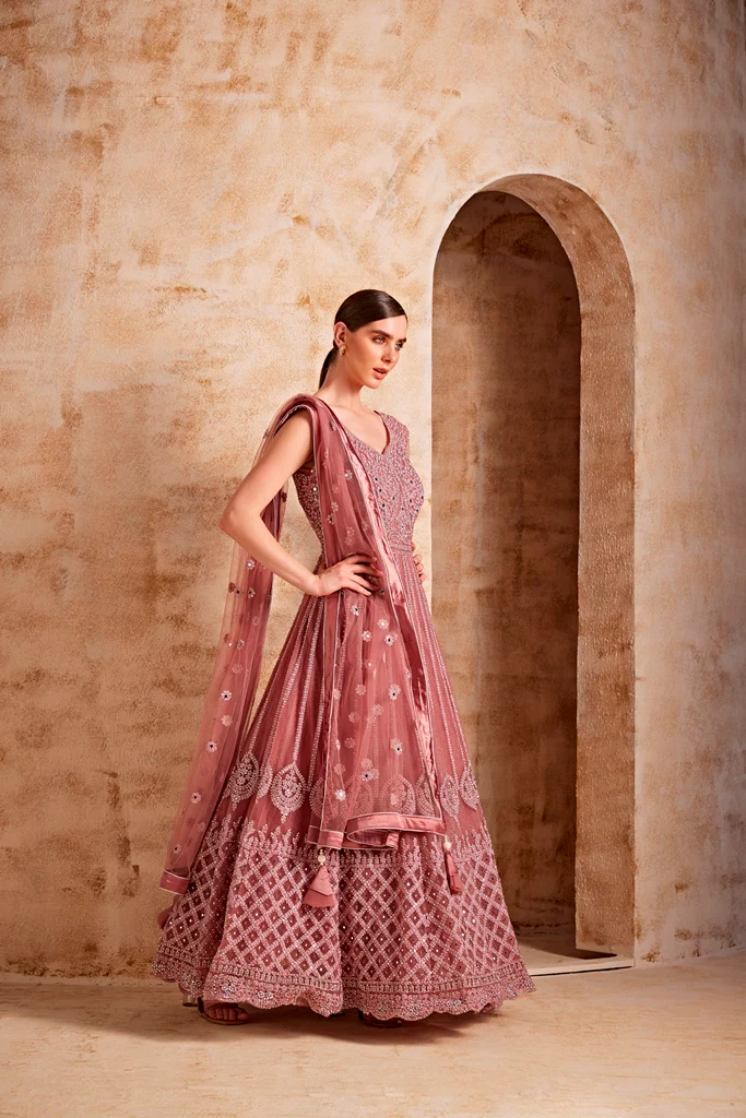 Neerus Women Onion Color Nett Fabric Gown - Image 3