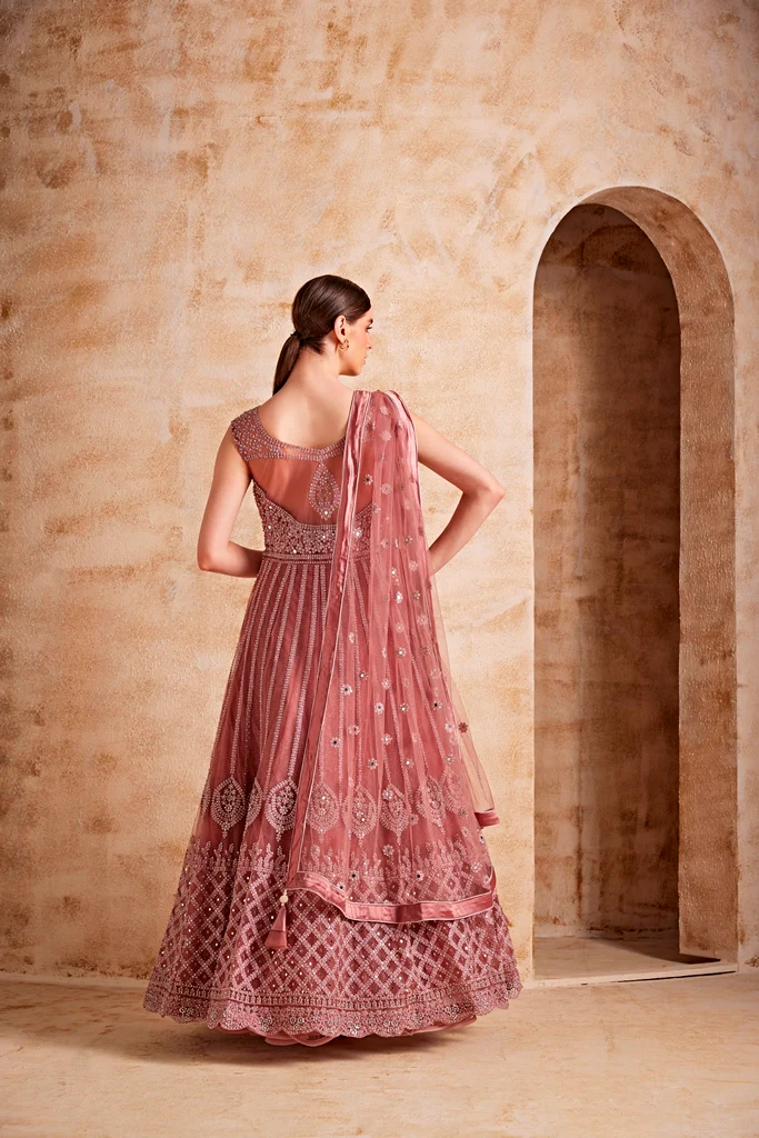 Neerus Women Onion Color Nett Fabric Gown - Image 4