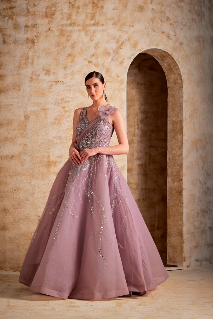 Neerus Women Onion Color Nett Fabric Gown