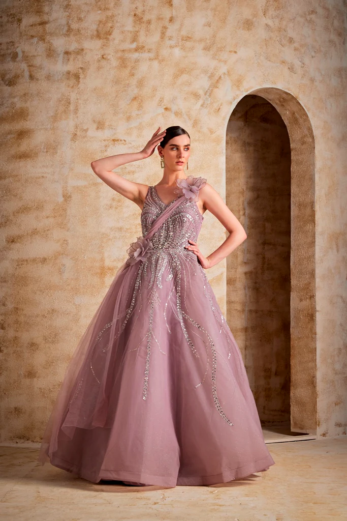 Neerus Women Onion Color Nett Fabric Gown - Image 2