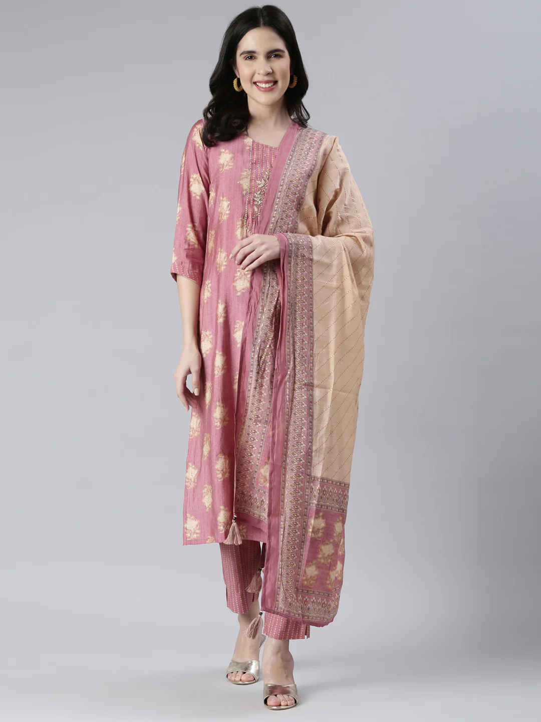 Neerus Women Onion Solid Calf Length Kurta And Trousers With Dupatta