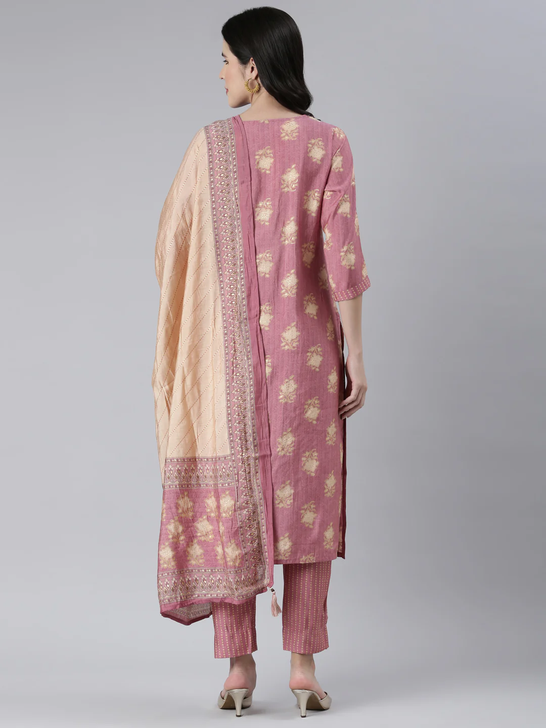 Neerus Women Onion Solid Calf Length Kurta And Trousers With Dupatta - Image 3