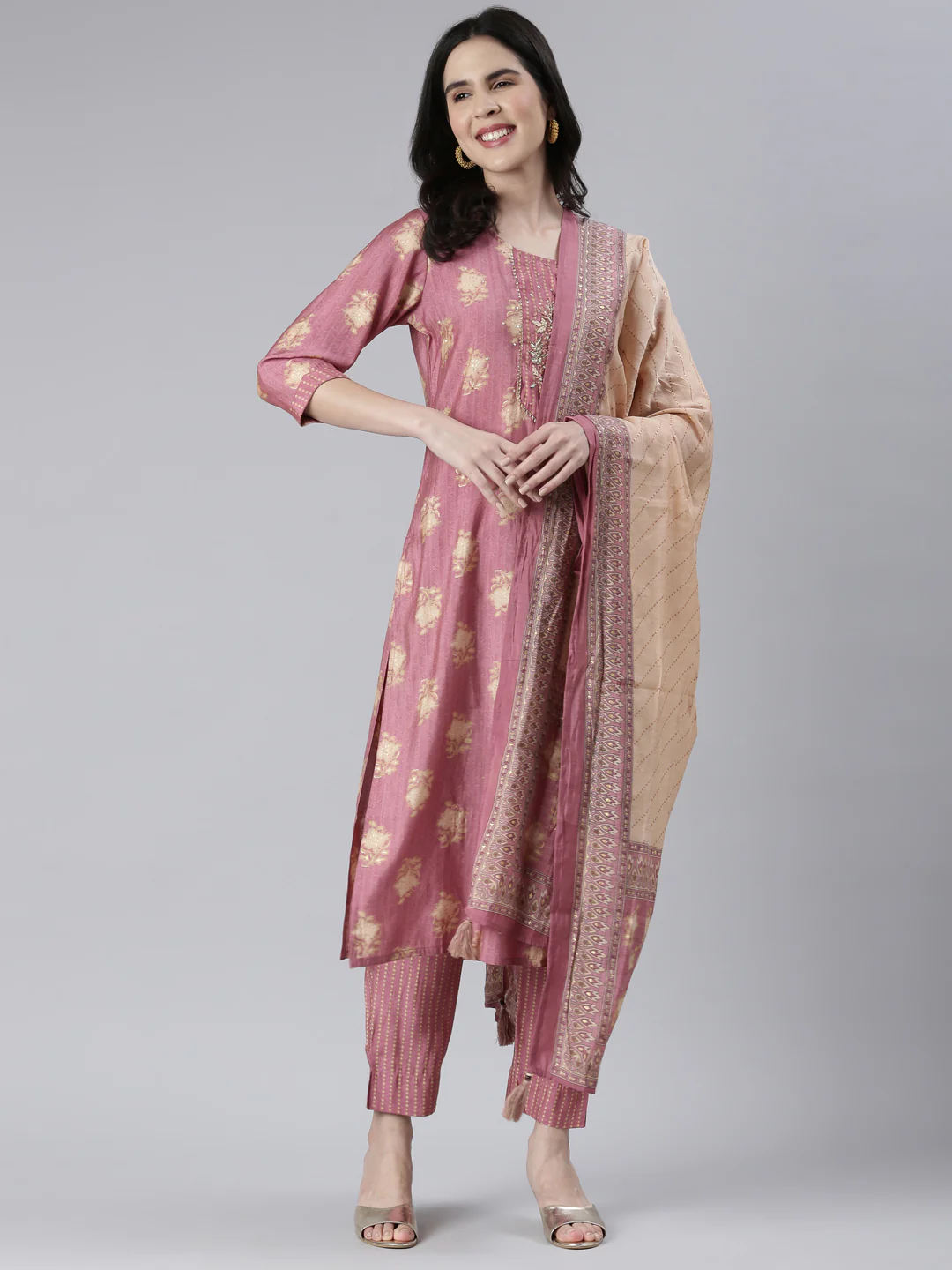 Neerus Women Onion Solid Calf Length Kurta And Trousers With Dupatta - Image 5