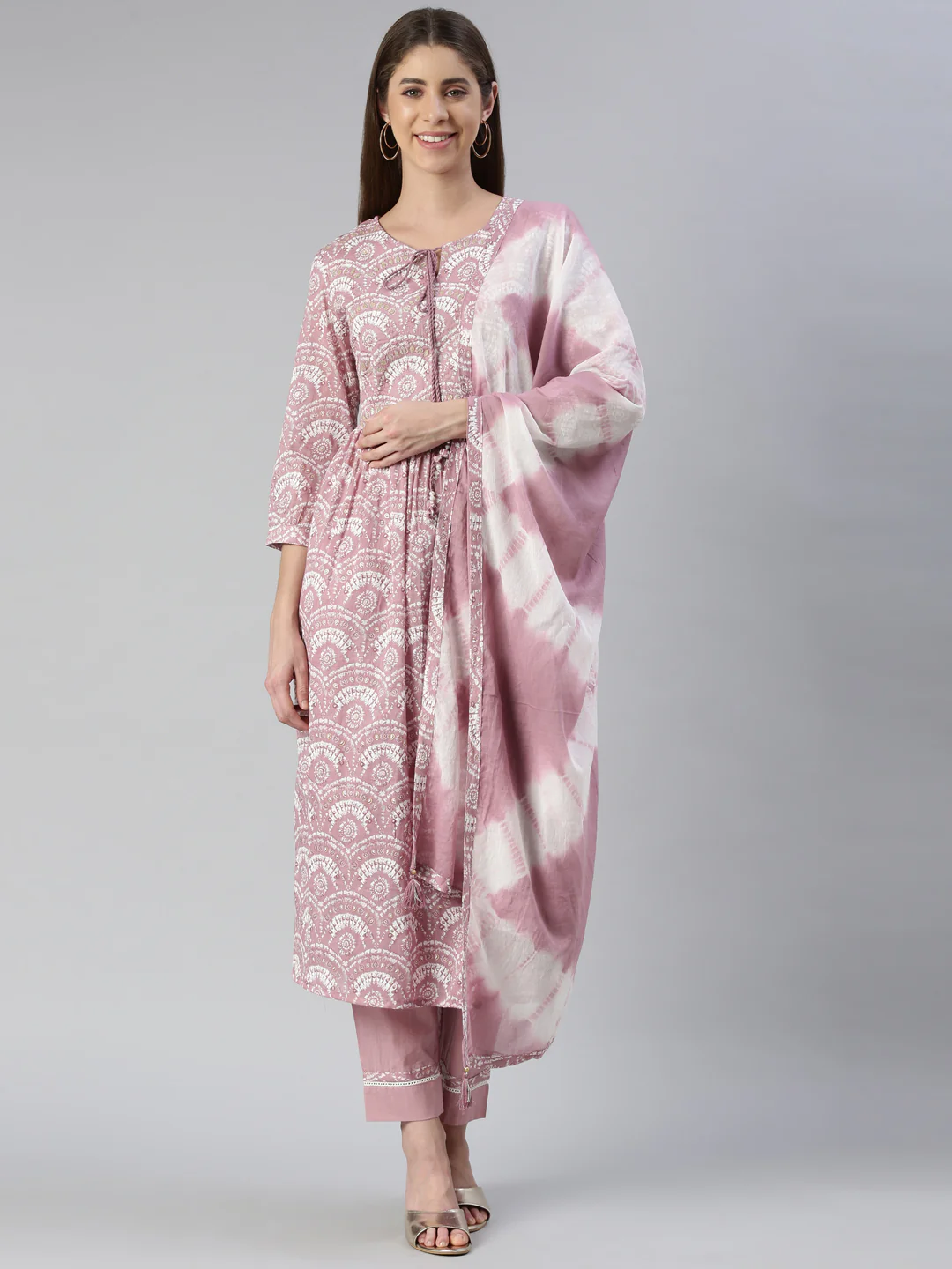 Neerus Women Onion Solid Calf Length Kurta And Trousers With Dupatta