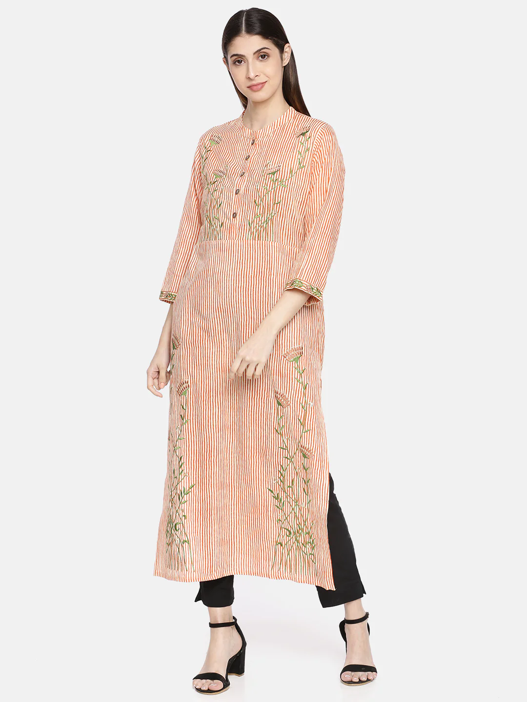 Neerus Women Orange Cream-Coloured Striped Straight Kurta
