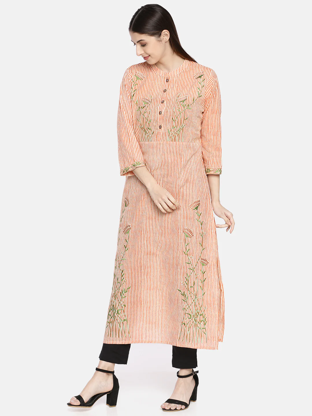 Neerus Women Orange Cream-Coloured Striped Straight Kurta - Image 3